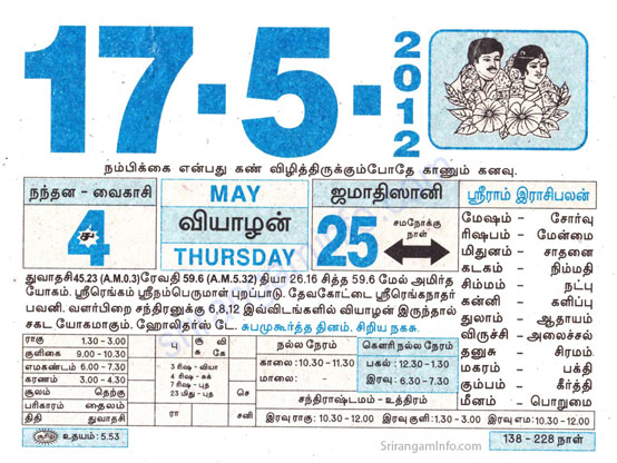Tamil daily Calendar, Tamil Calendar