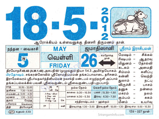 Tamil daily Calendar, Tamil Calendar