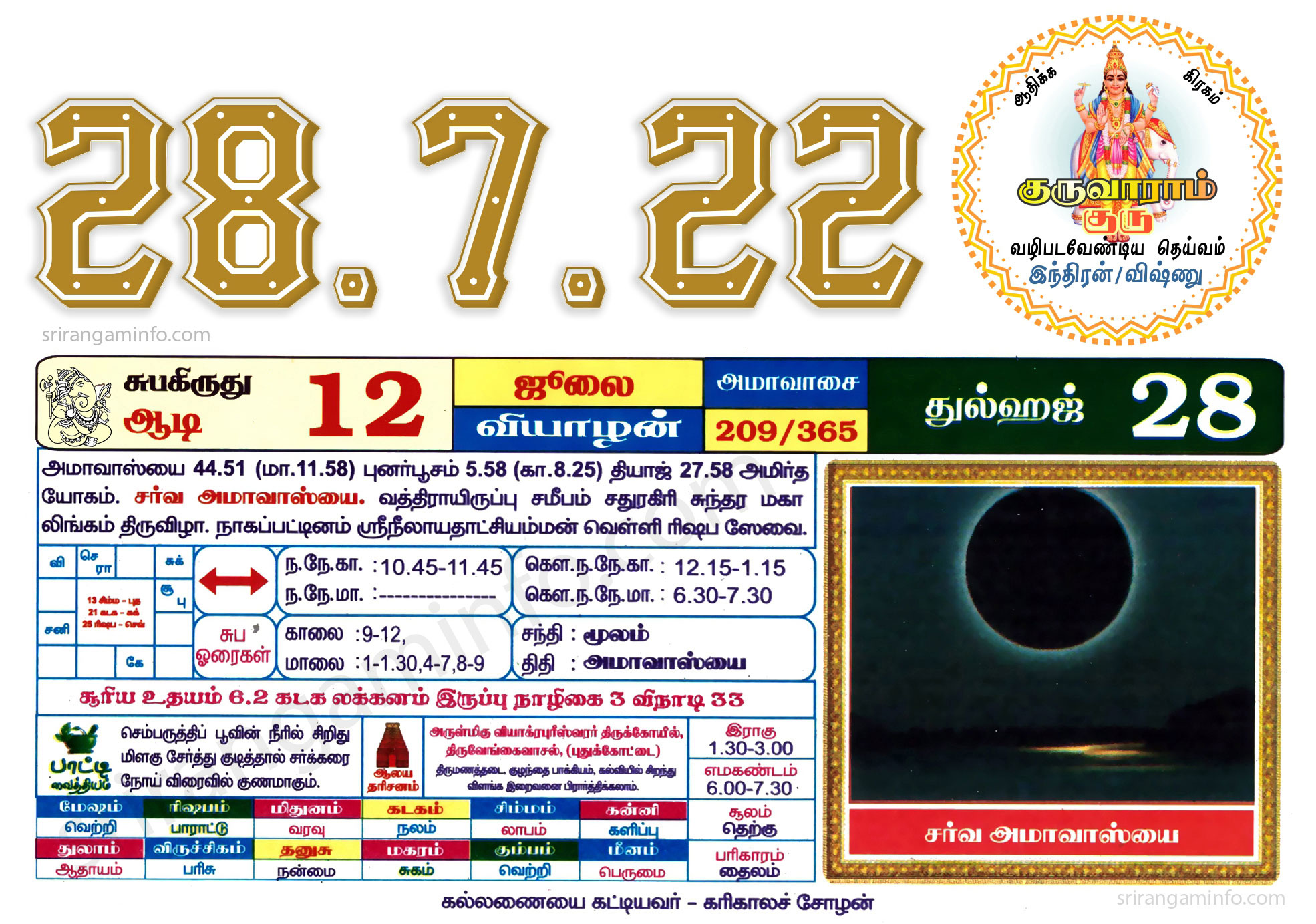 Tamil daily Calendar, Tamil Calendar
