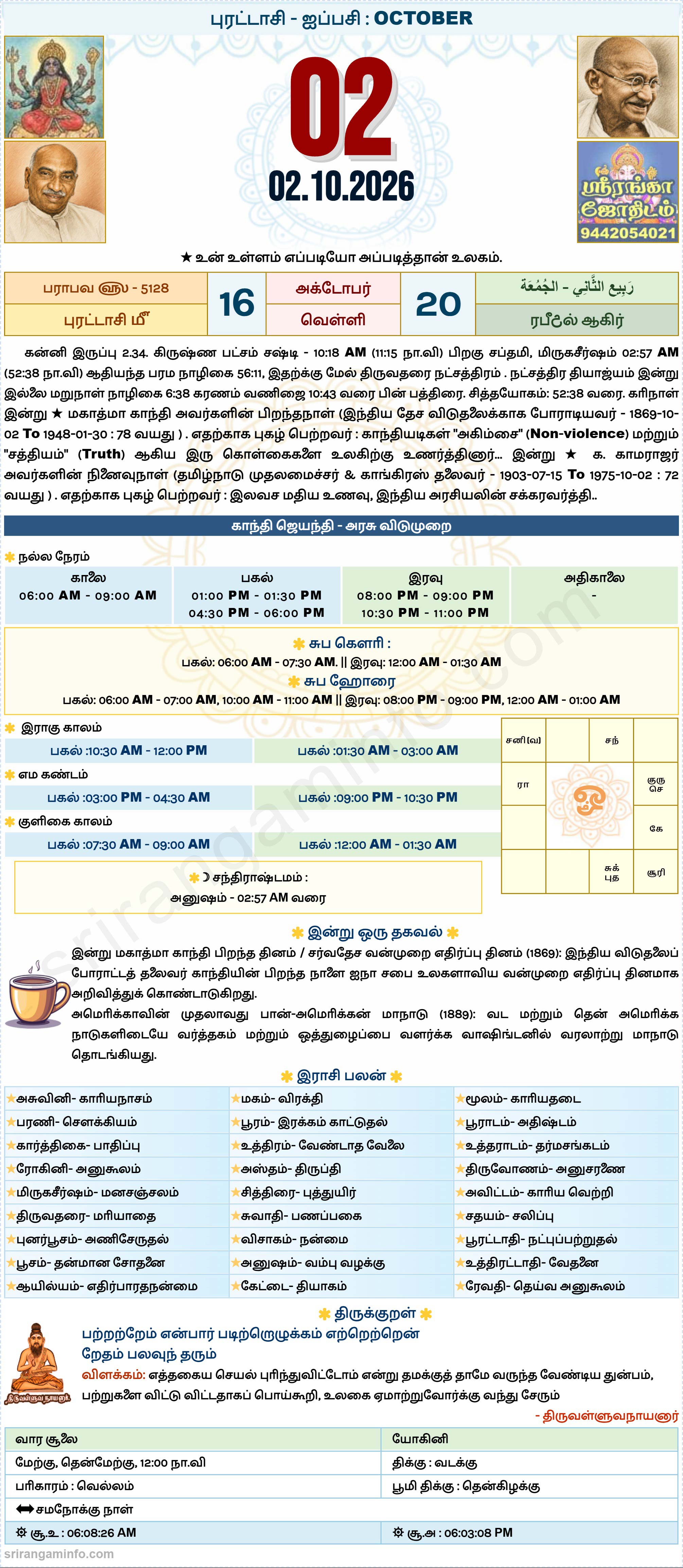 Tamil daily Calendar, Tamil Calendar