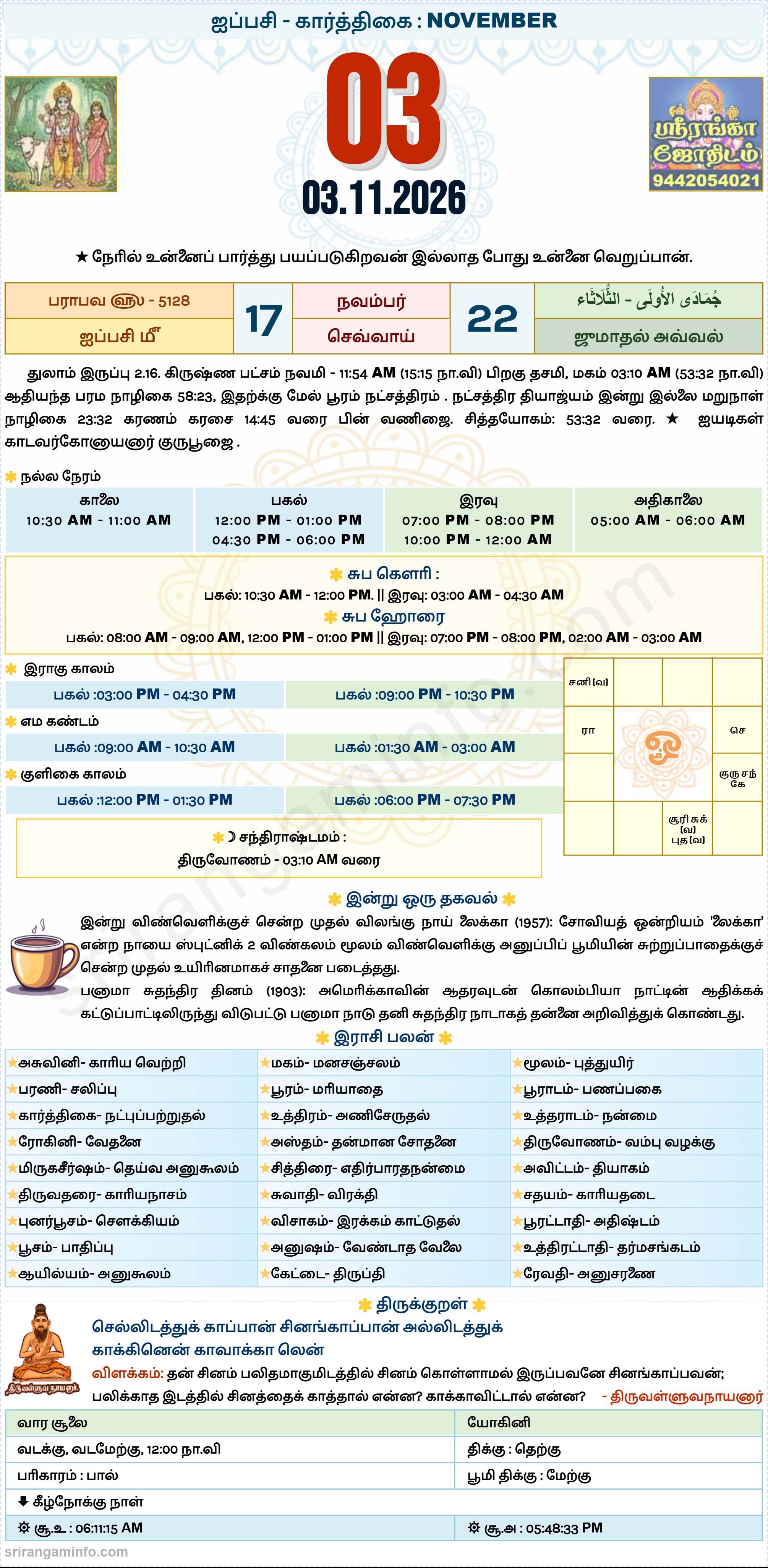 Tamil daily Calendar, Tamil Calendar