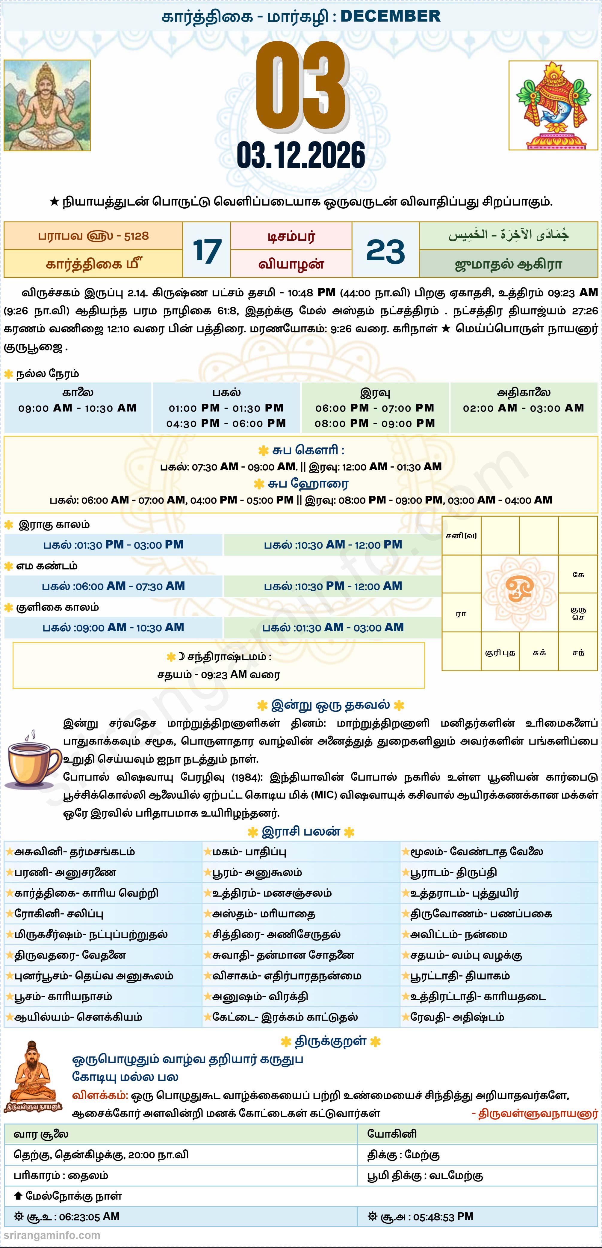 Tamil daily Calendar, Tamil Calendar
