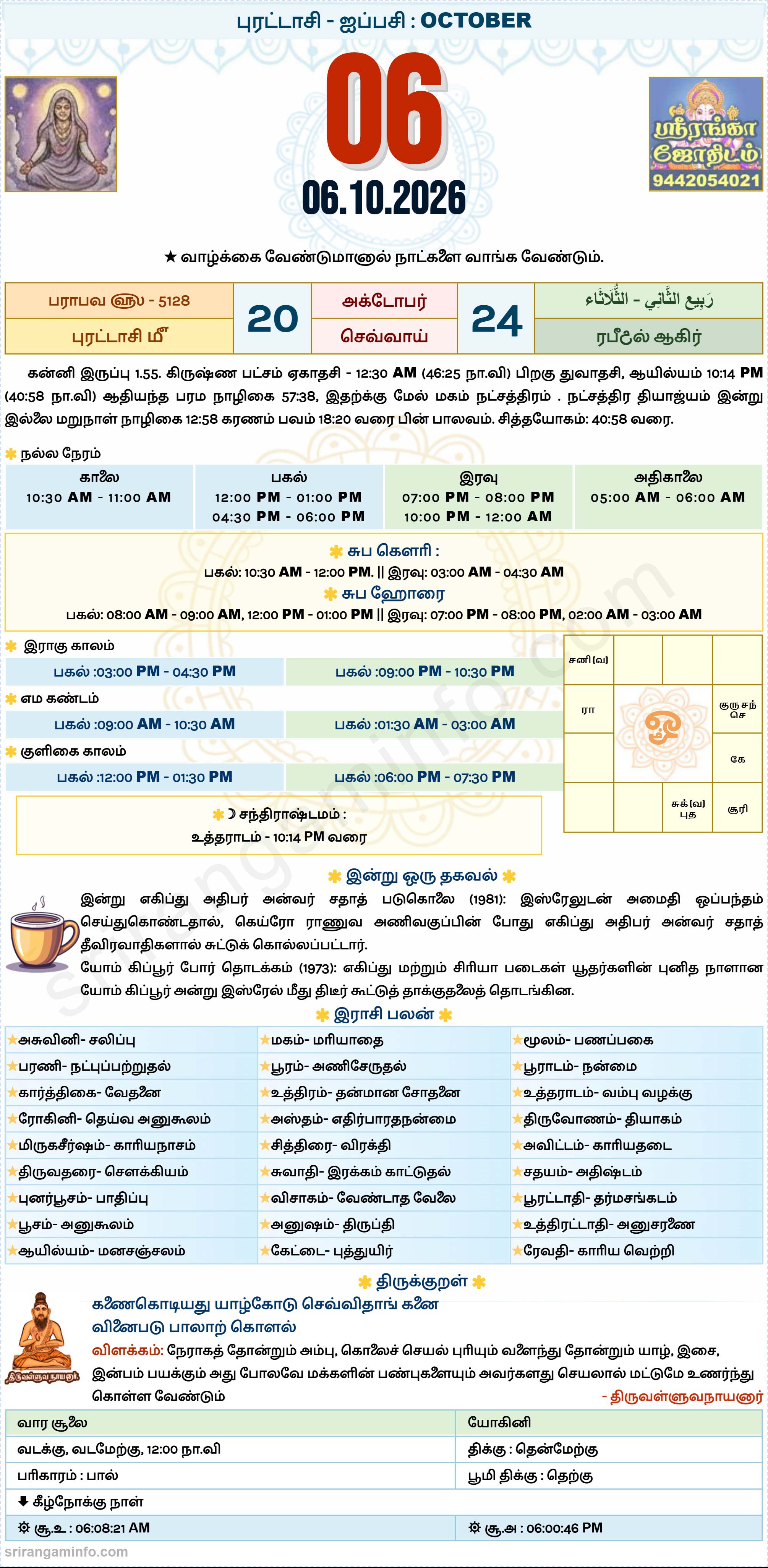 Tamil daily Calendar, Tamil Calendar