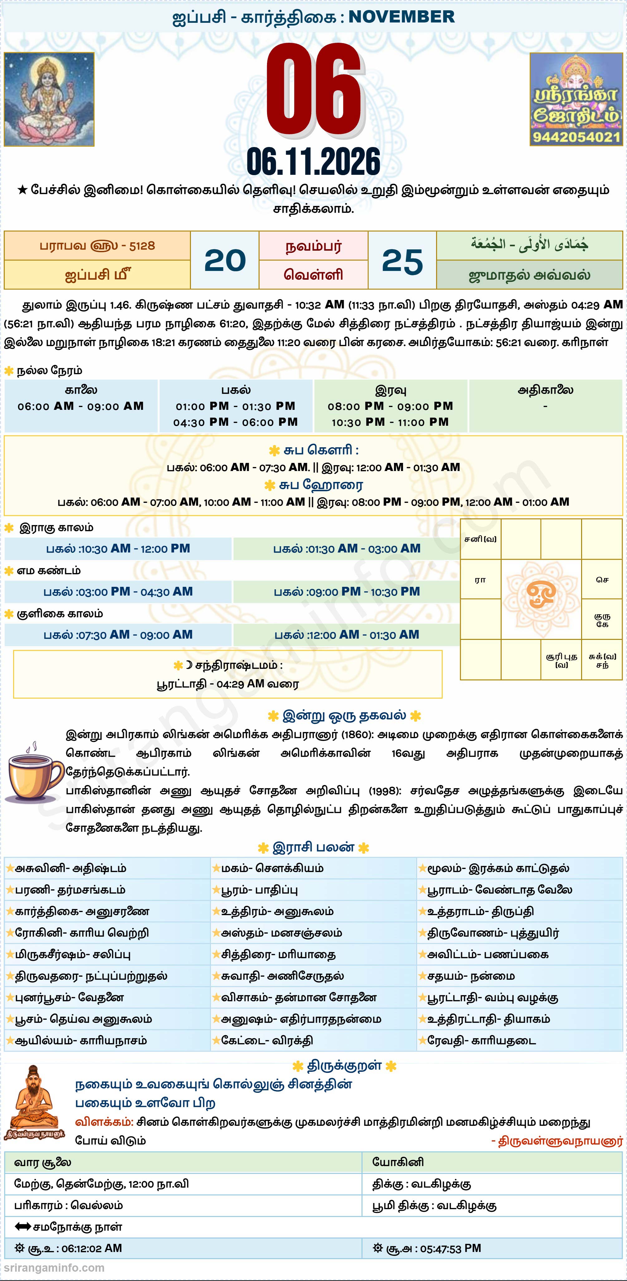 Tamil daily Calendar, Tamil Calendar