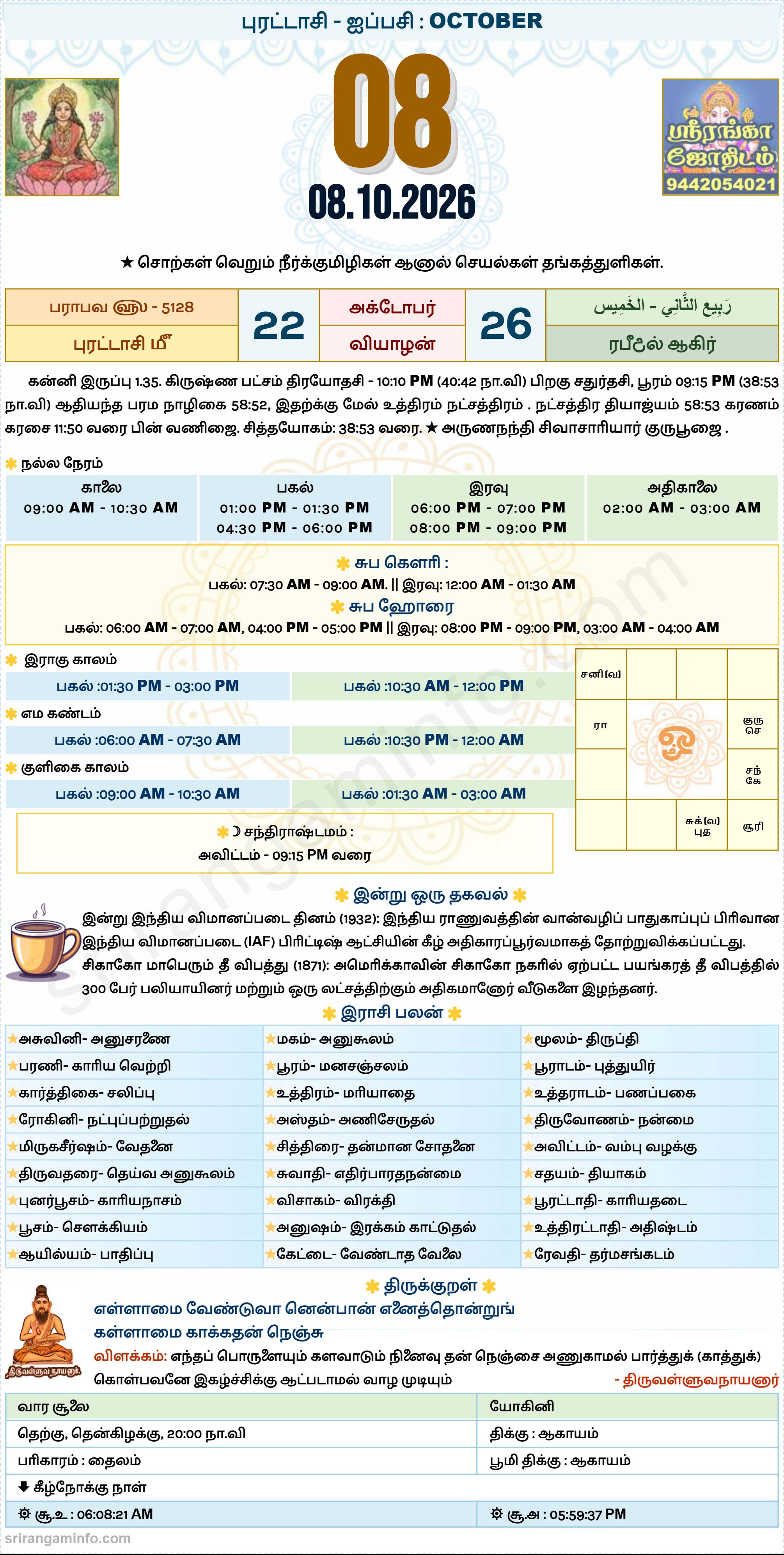 Tamil daily Calendar, Tamil Calendar
