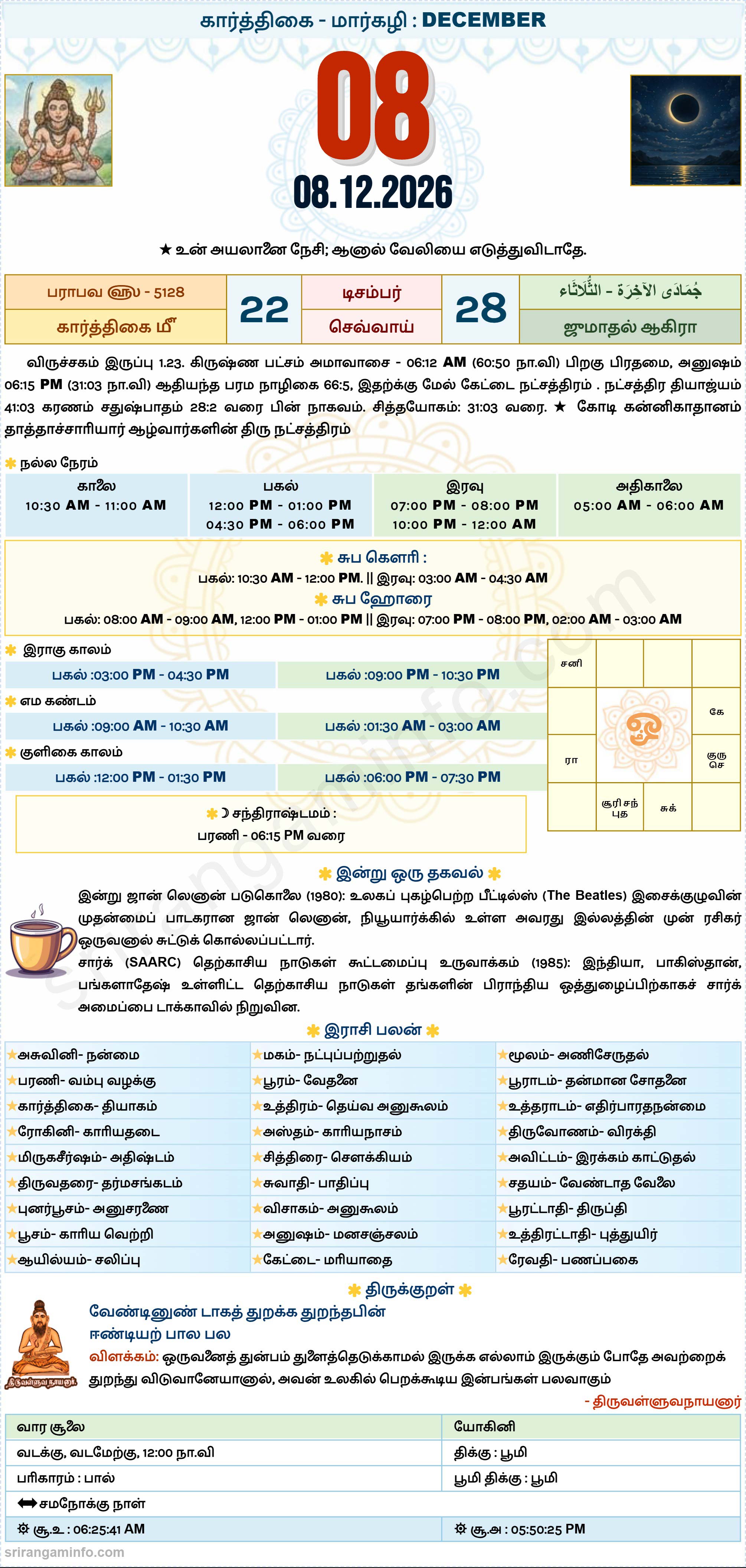 Tamil daily Calendar, Tamil Calendar