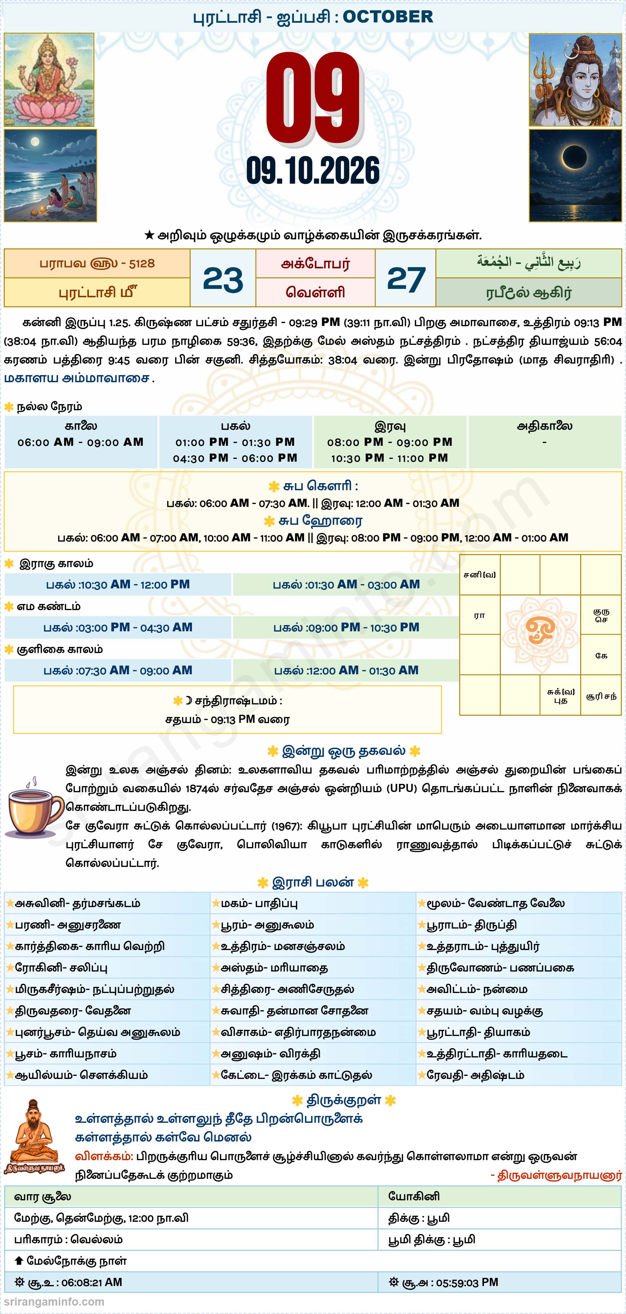 Tamil daily Calendar, Tamil Calendar