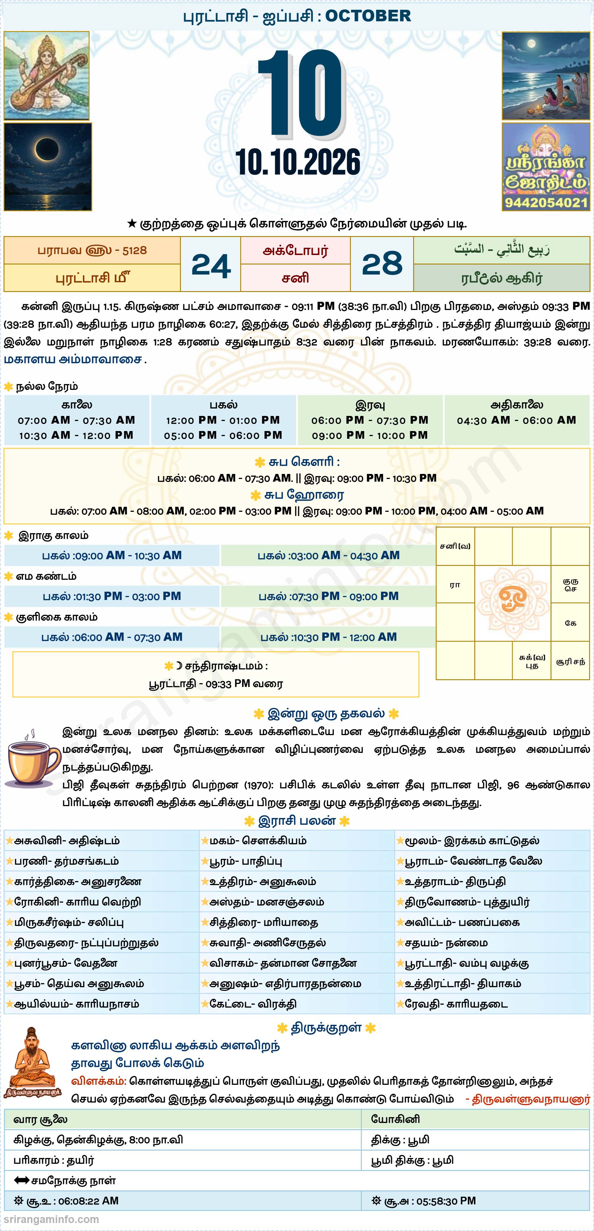 Tamil daily Calendar, Tamil Calendar