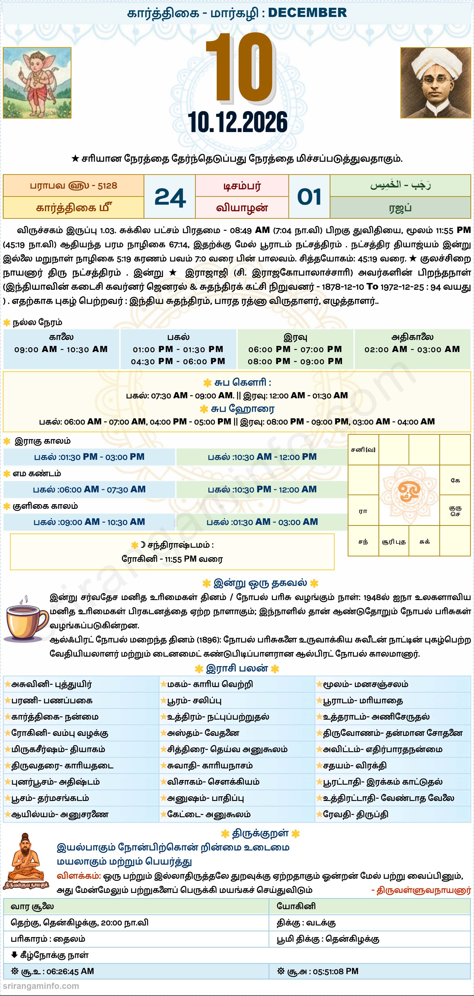 Tamil daily Calendar, Tamil Calendar