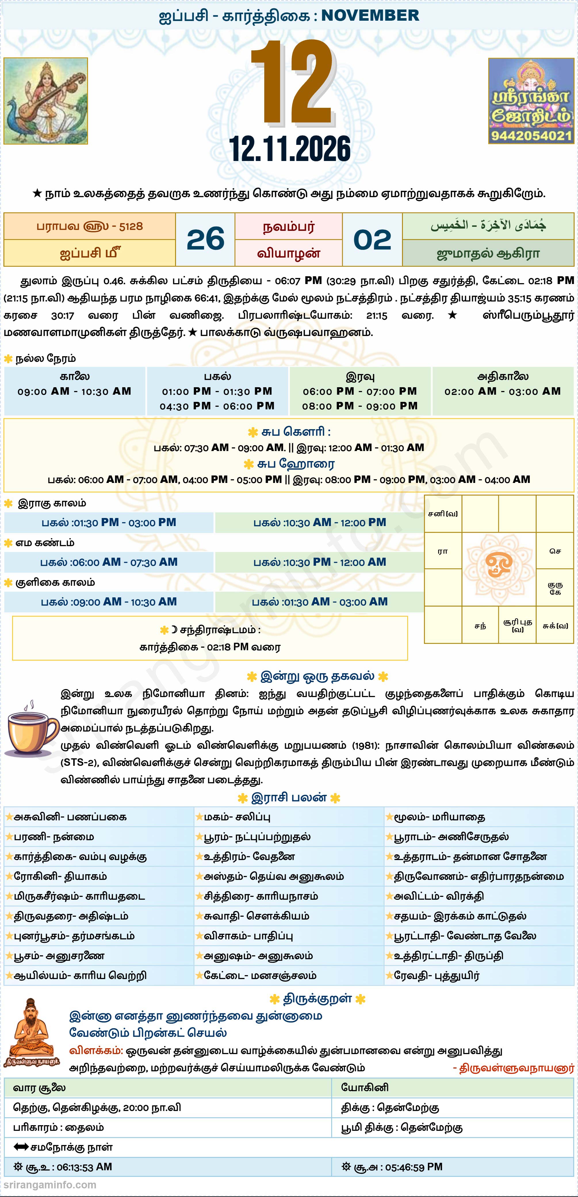Tamil daily Calendar, Tamil Calendar