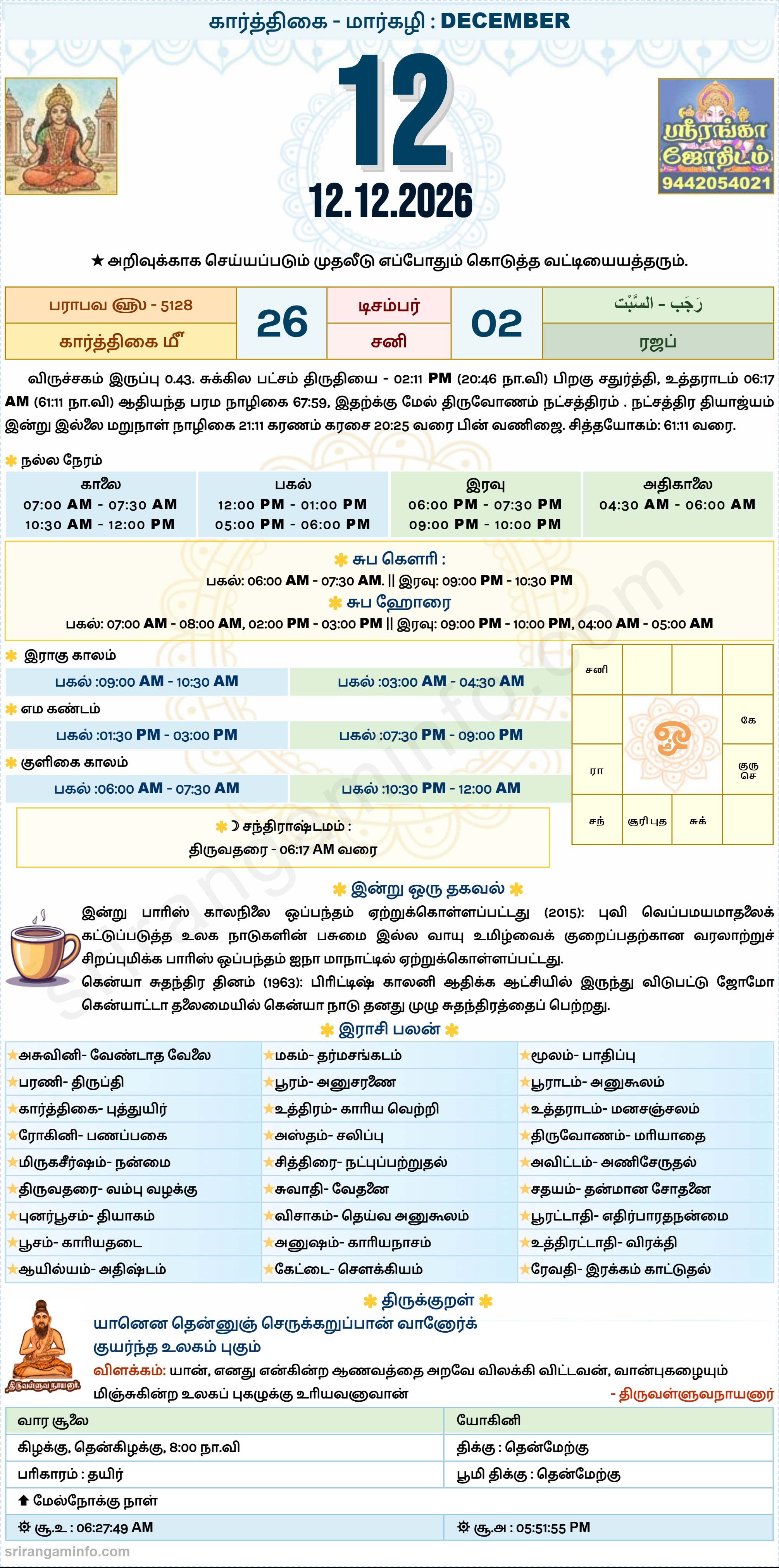 Tamil daily Calendar, Tamil Calendar