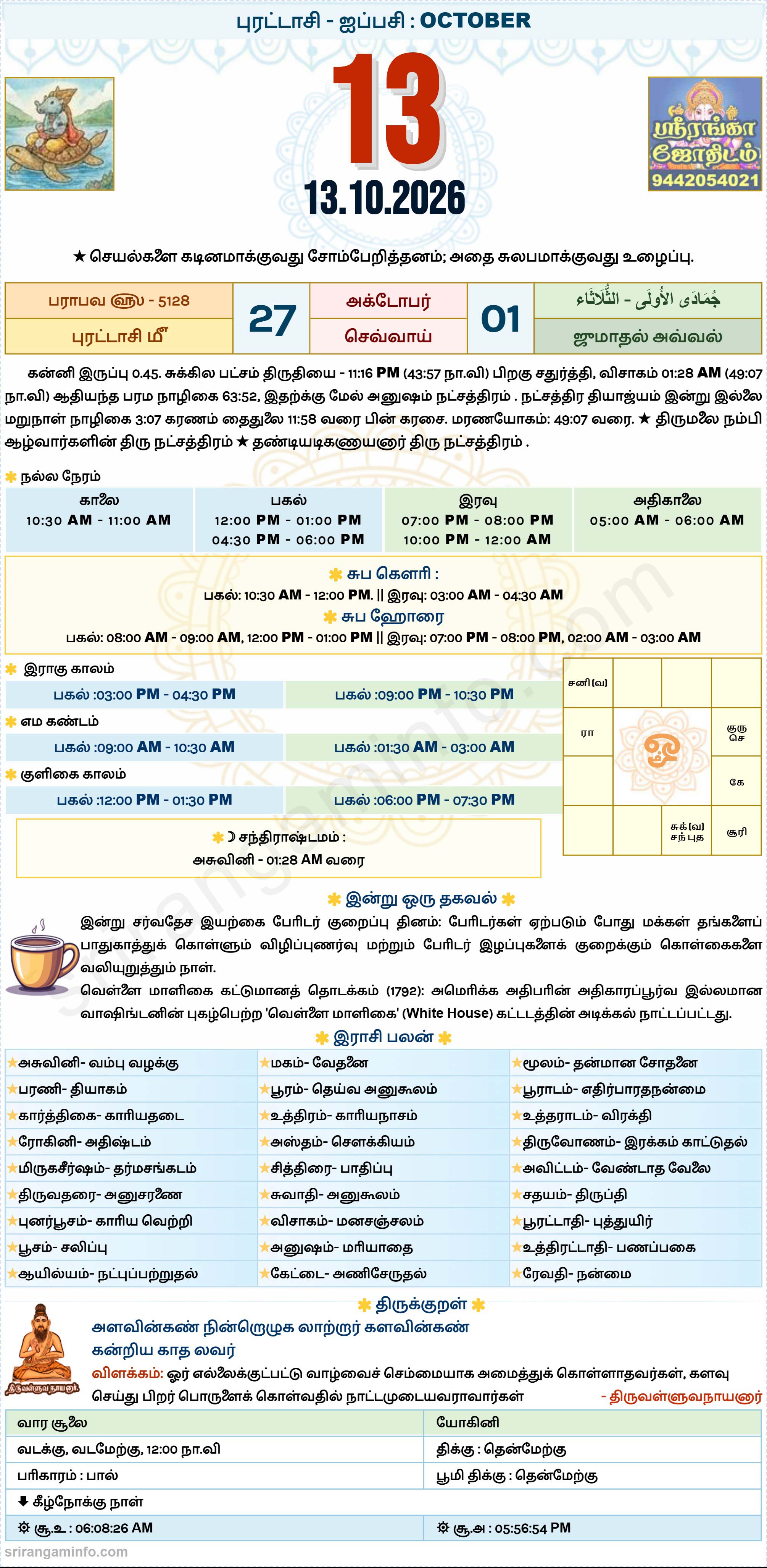 Tamil daily Calendar, Tamil Calendar