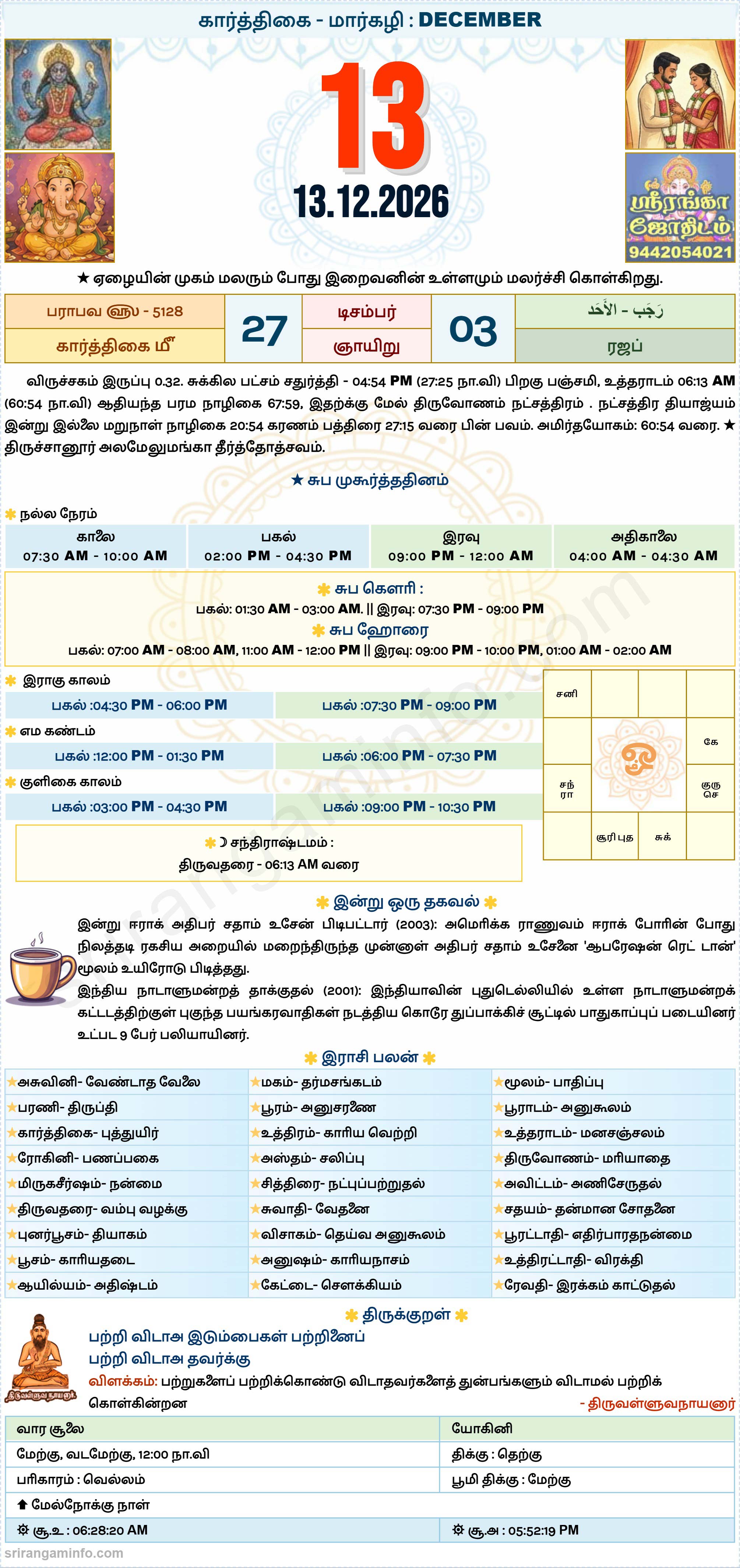 Tamil daily Calendar, Tamil Calendar