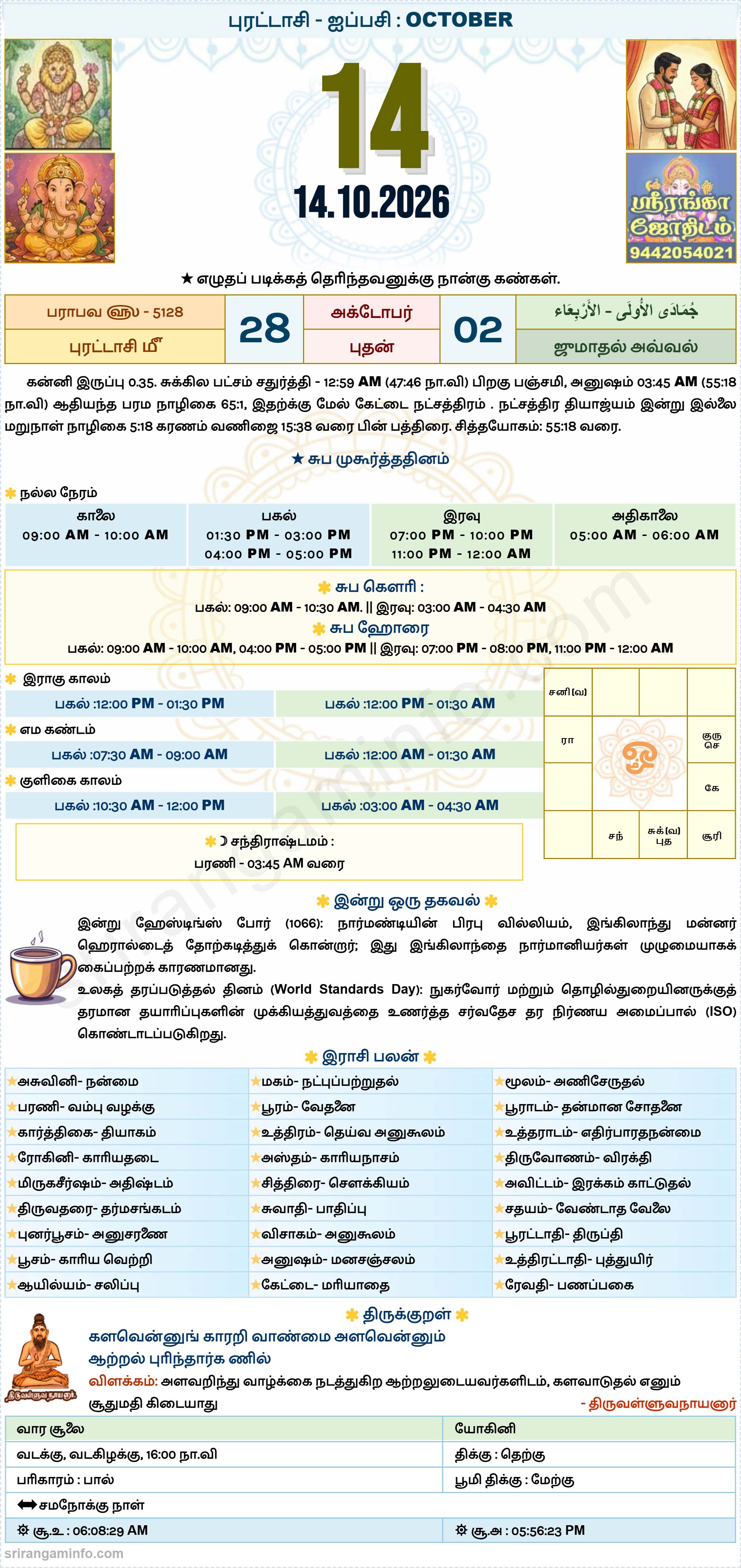 Tamil daily Calendar, Tamil Calendar