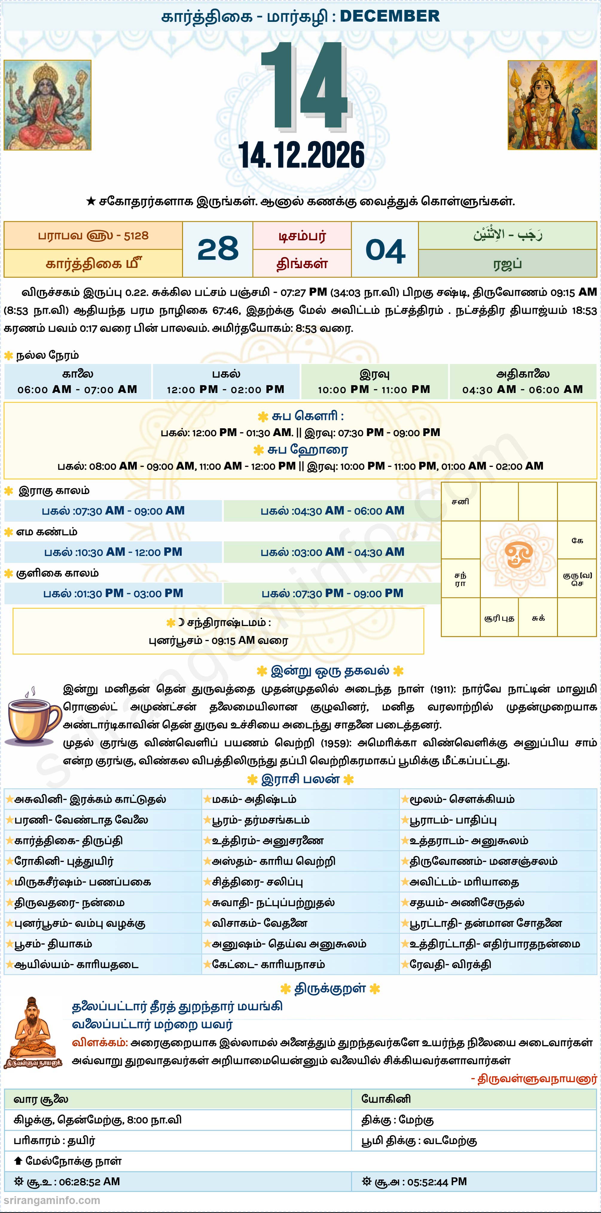 Tamil daily Calendar, Tamil Calendar