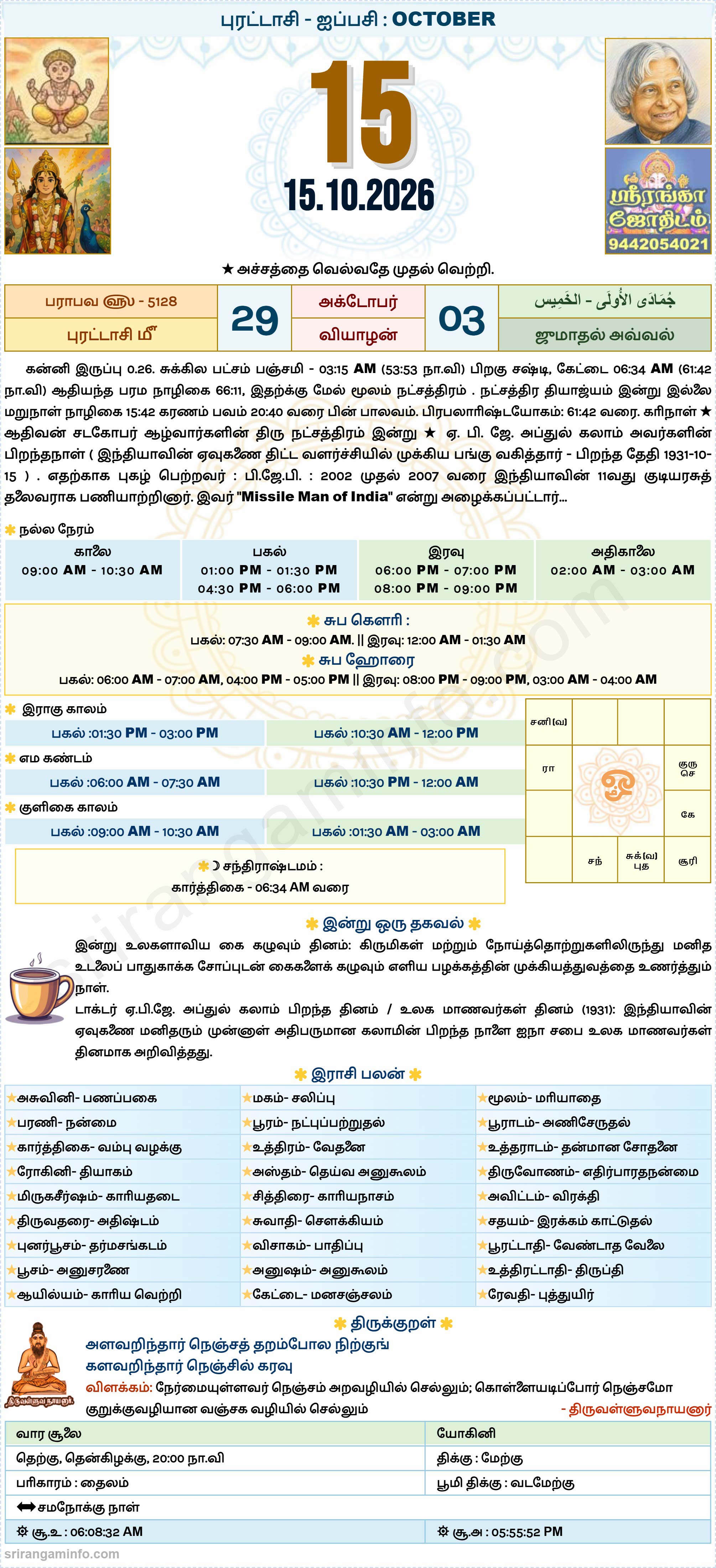 Tamil daily Calendar, Tamil Calendar