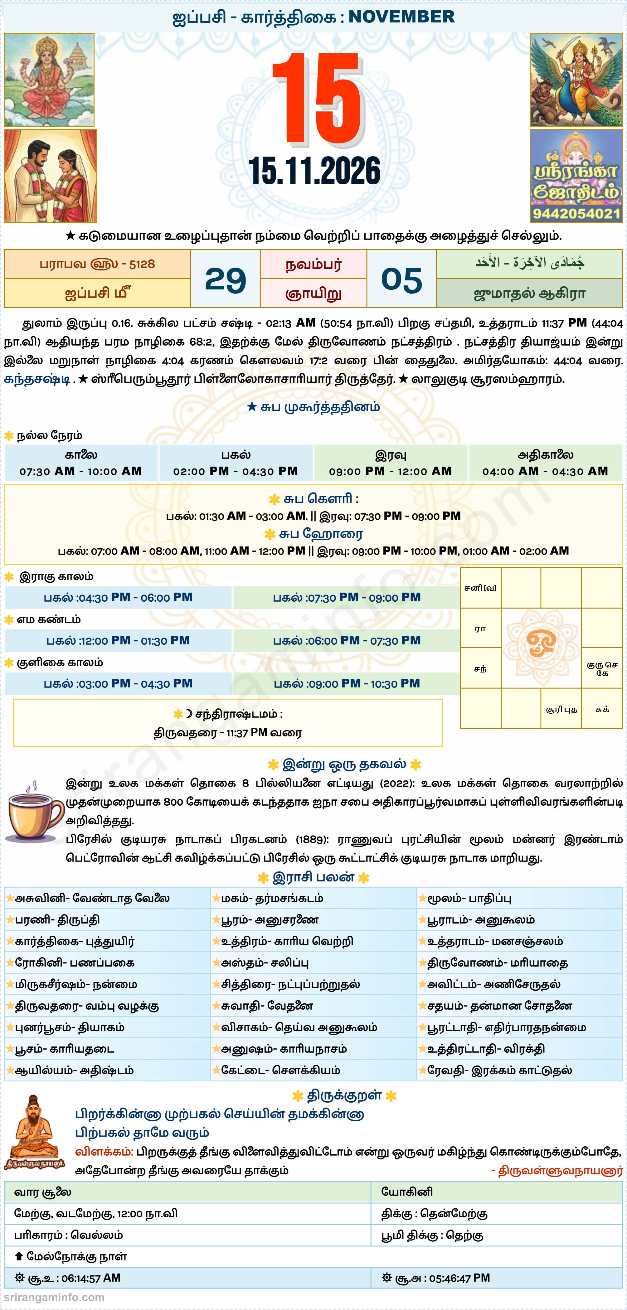Tamil daily Calendar, Tamil Calendar