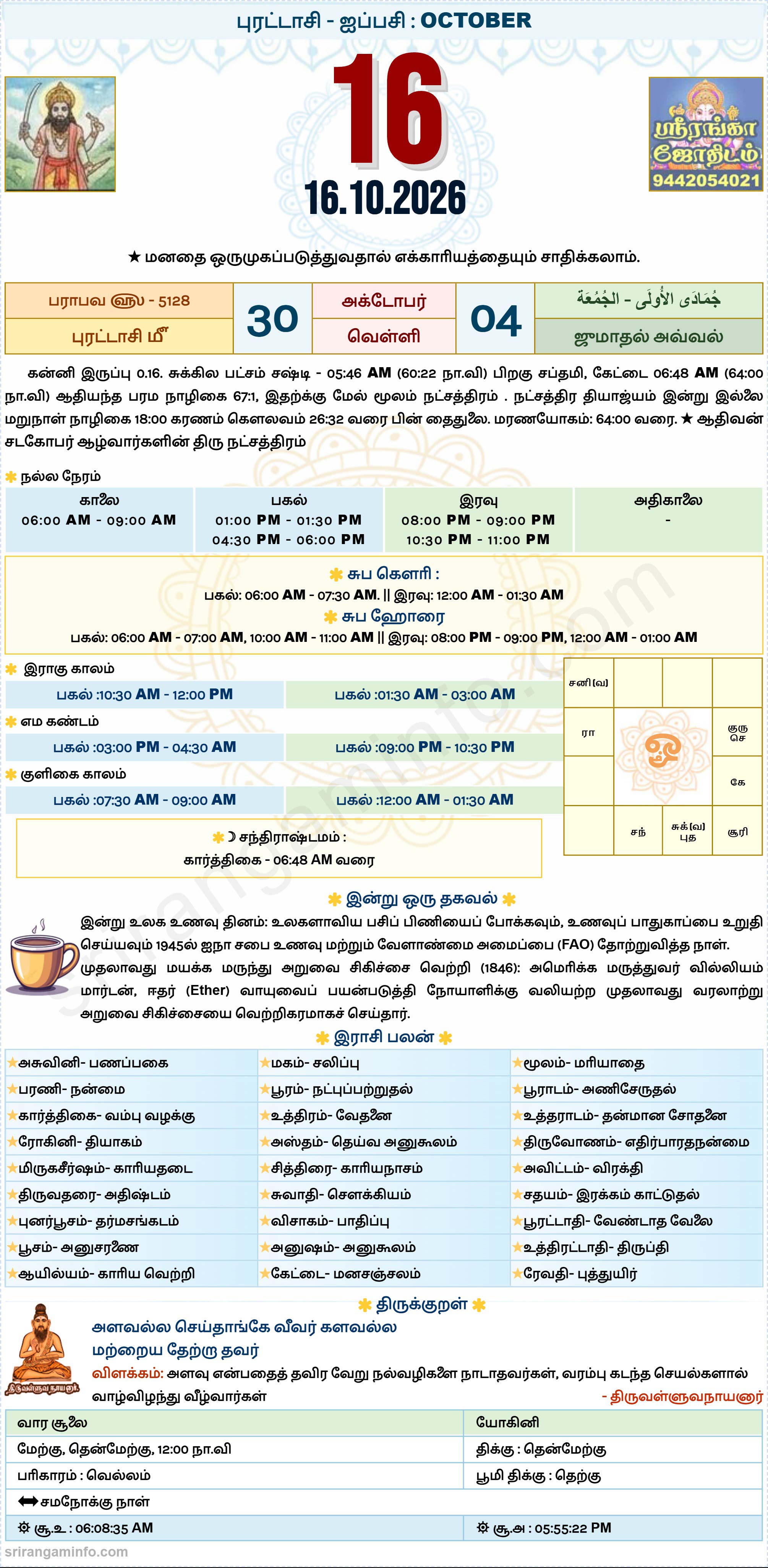 Tamil daily Calendar, Tamil Calendar