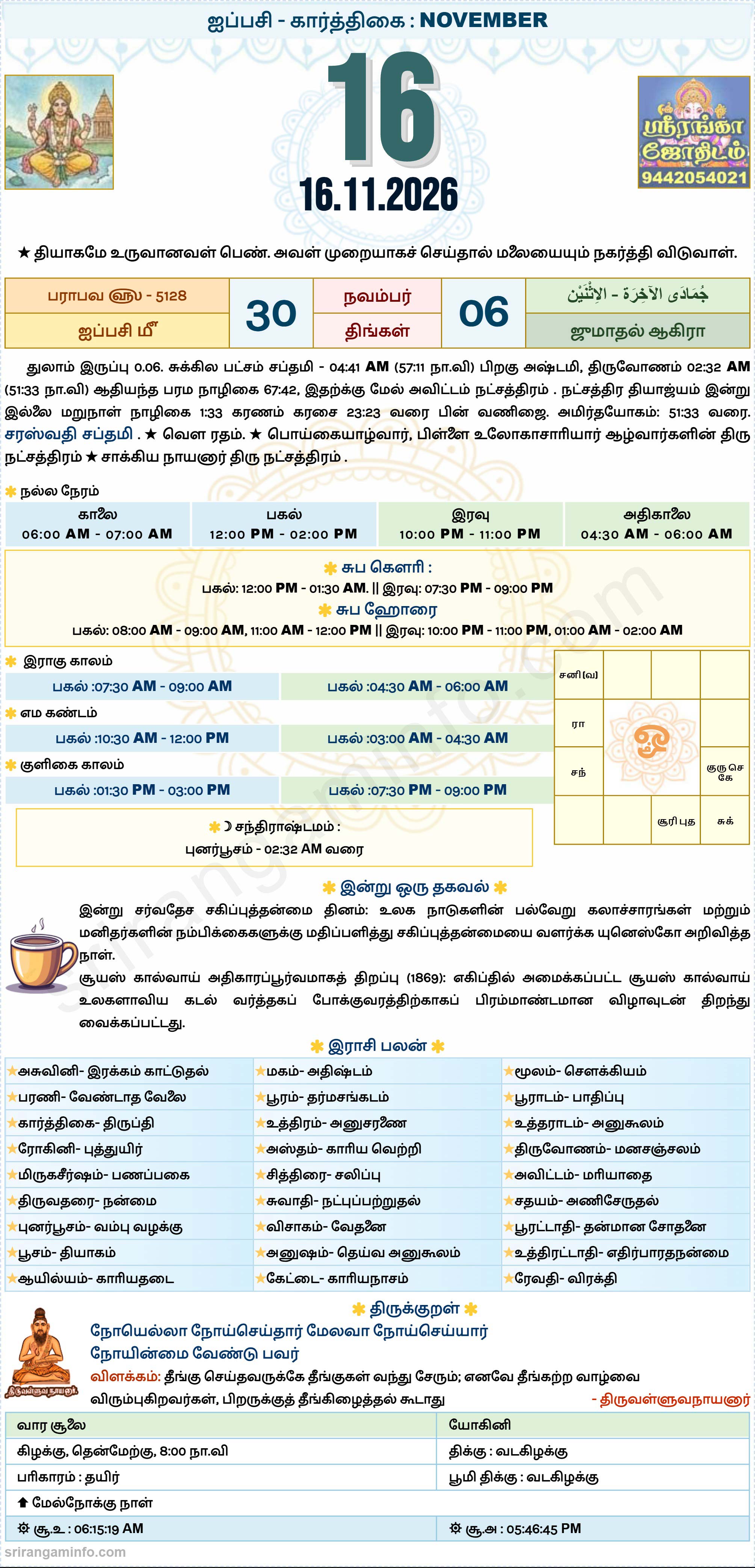 Tamil daily Calendar, Tamil Calendar