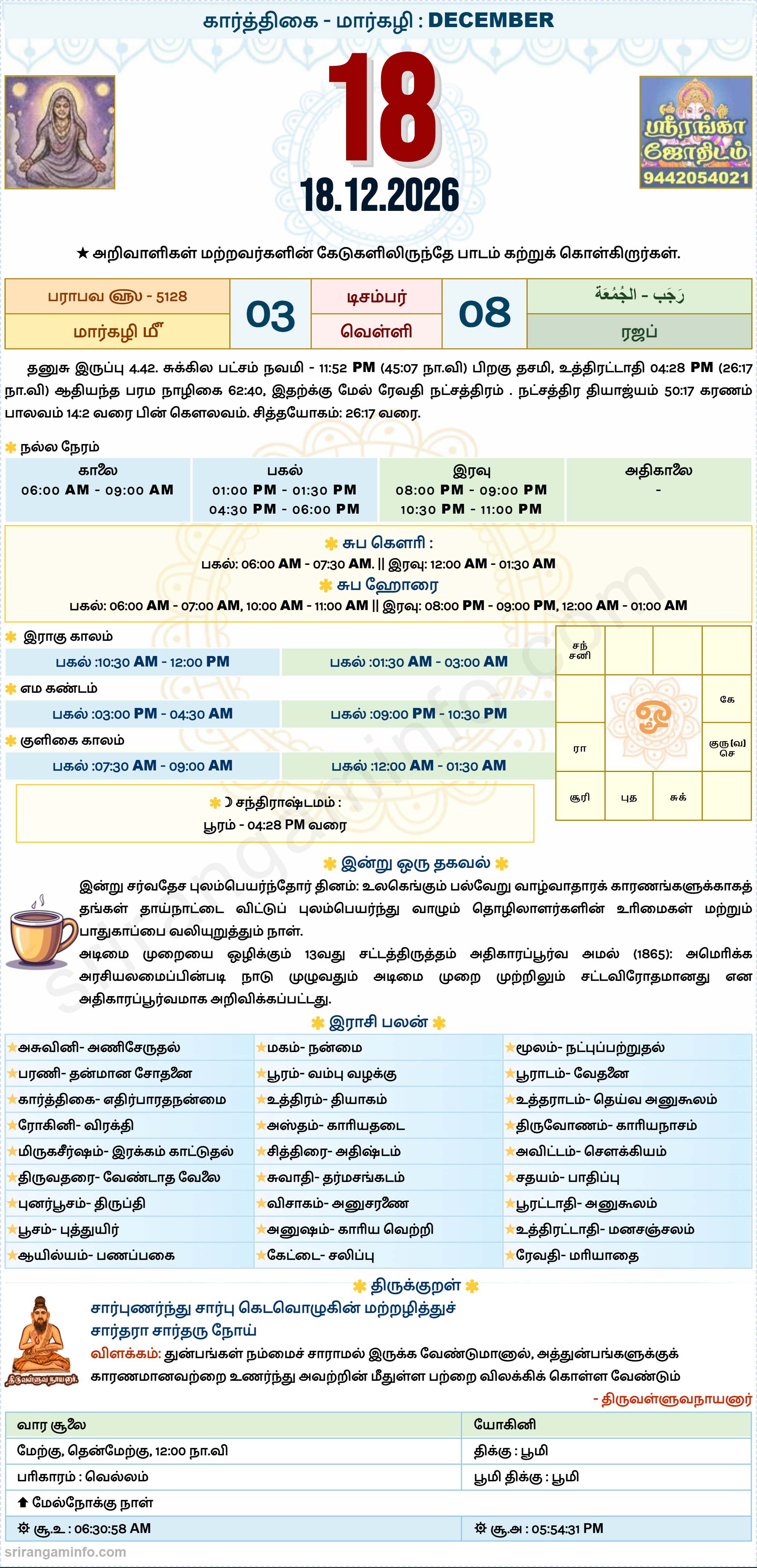 Tamil daily Calendar, Tamil Calendar