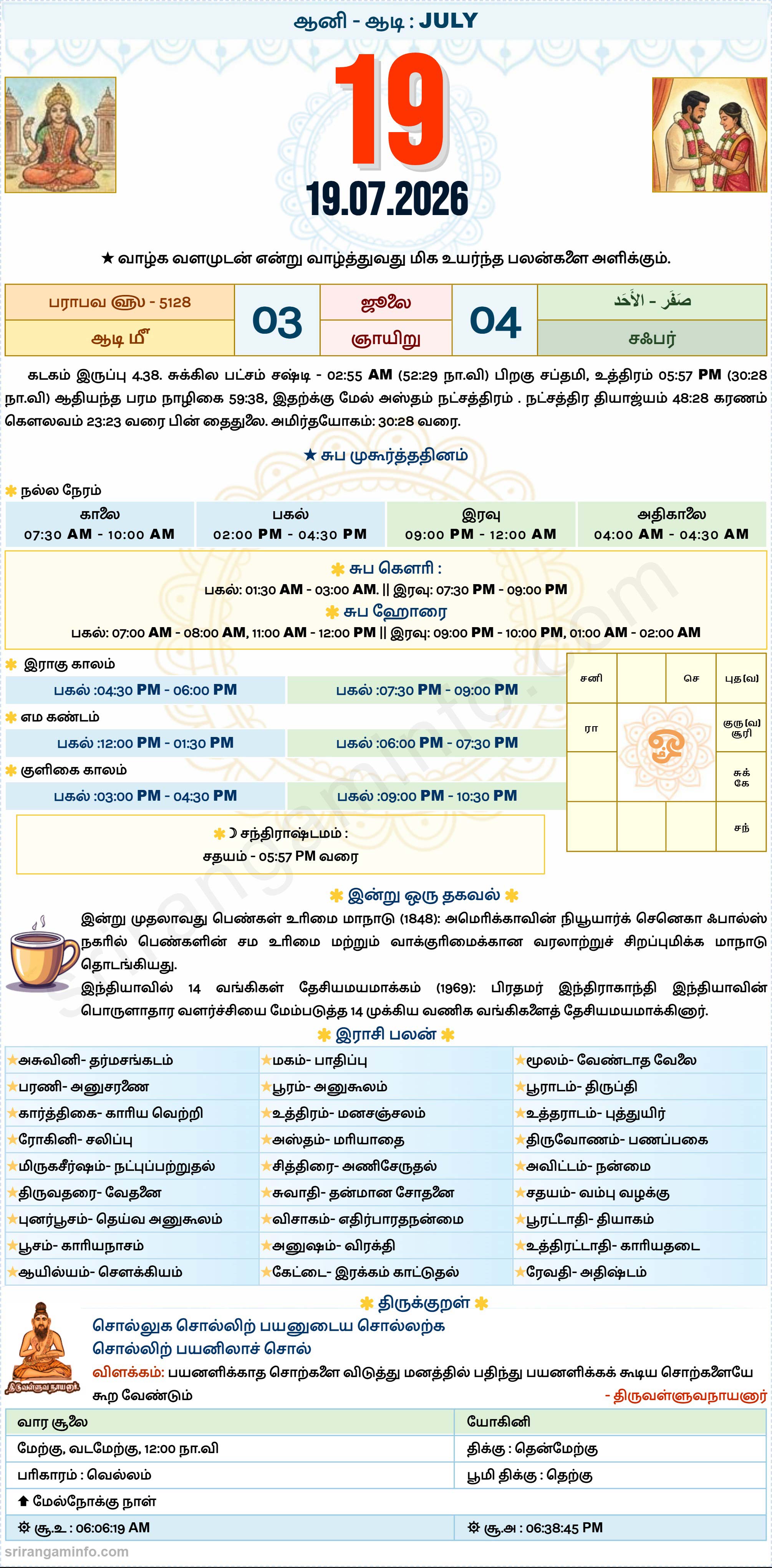 Tamil daily Calendar, Tamil Calendar