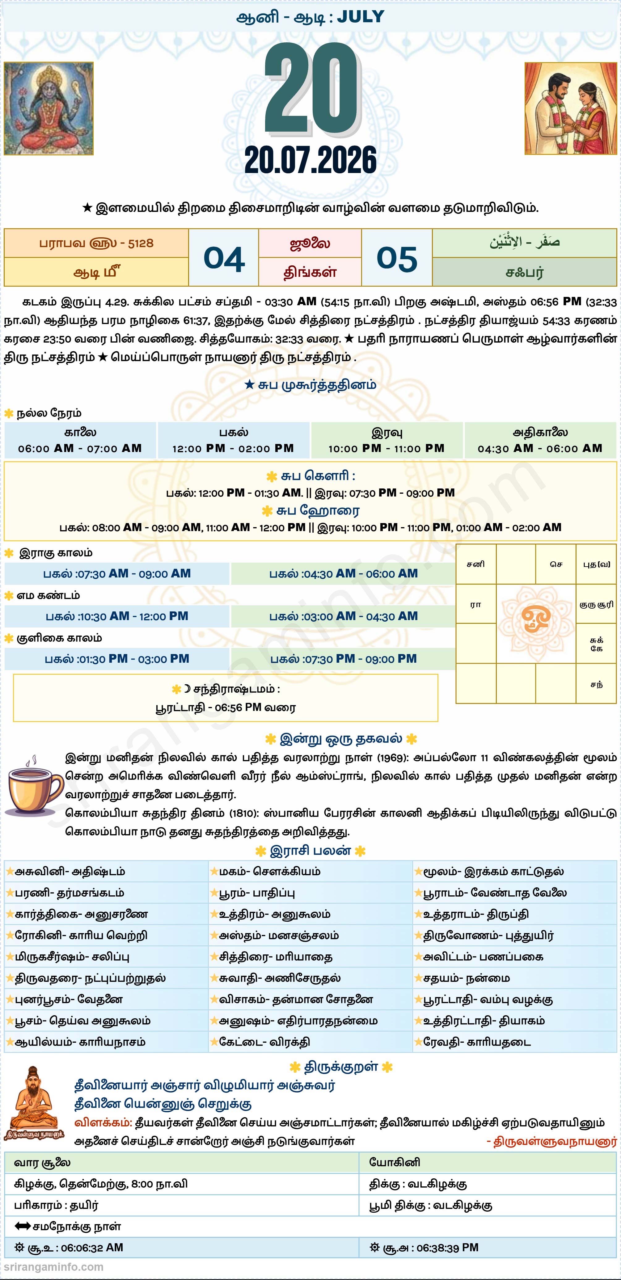 Tamil daily Calendar, Tamil Calendar