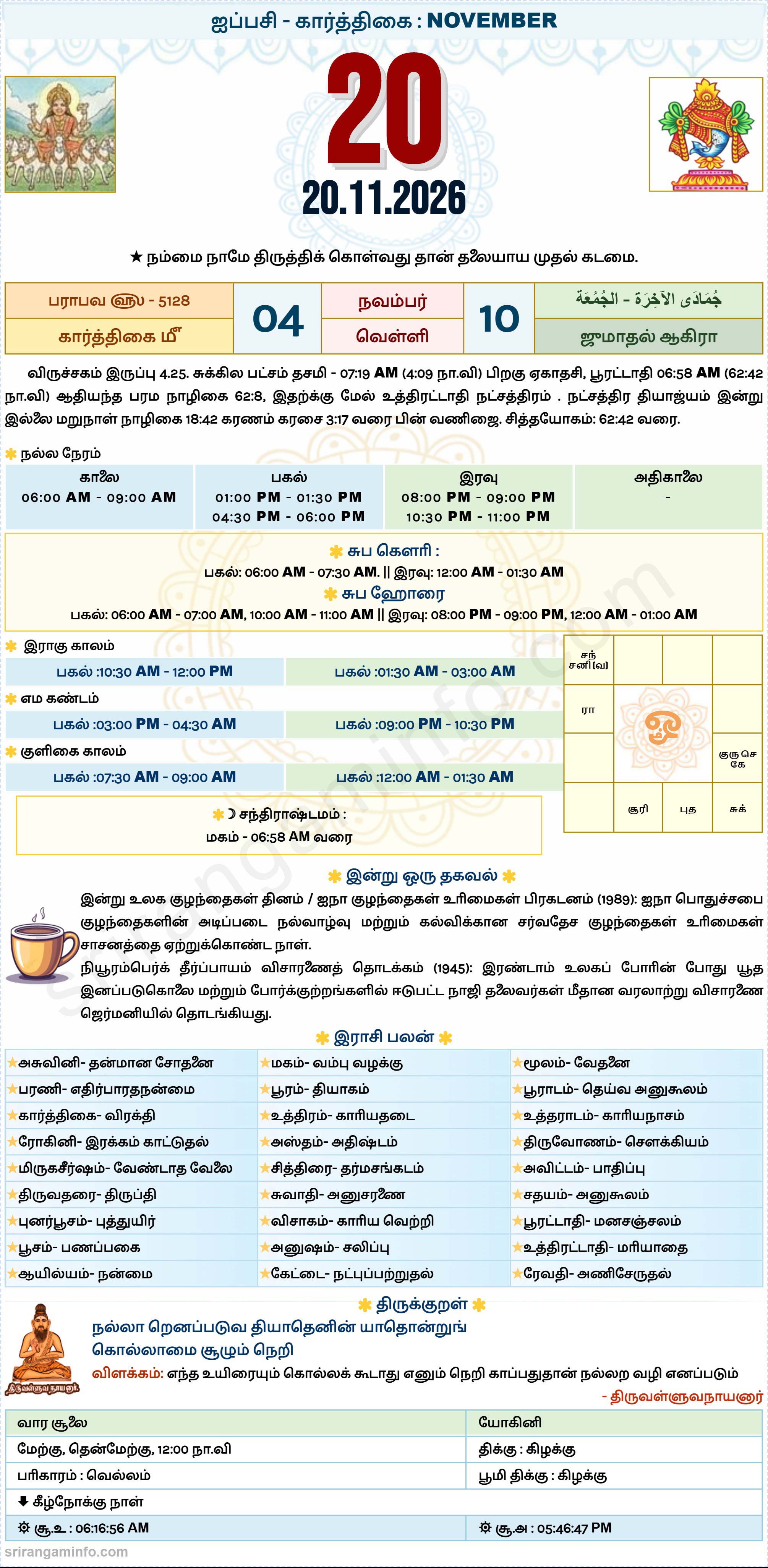 Tamil daily Calendar, Tamil Calendar