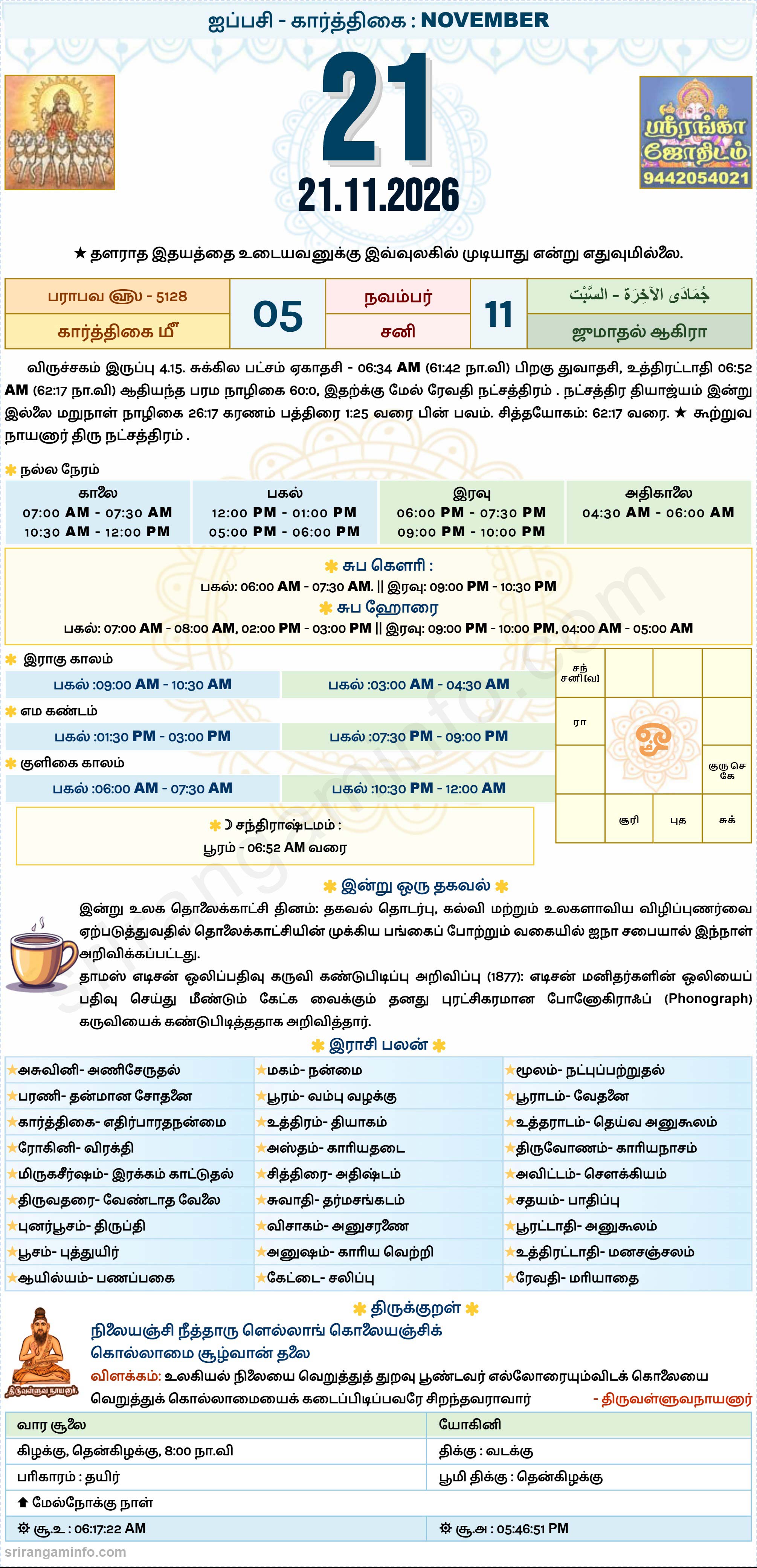 Tamil daily Calendar, Tamil Calendar