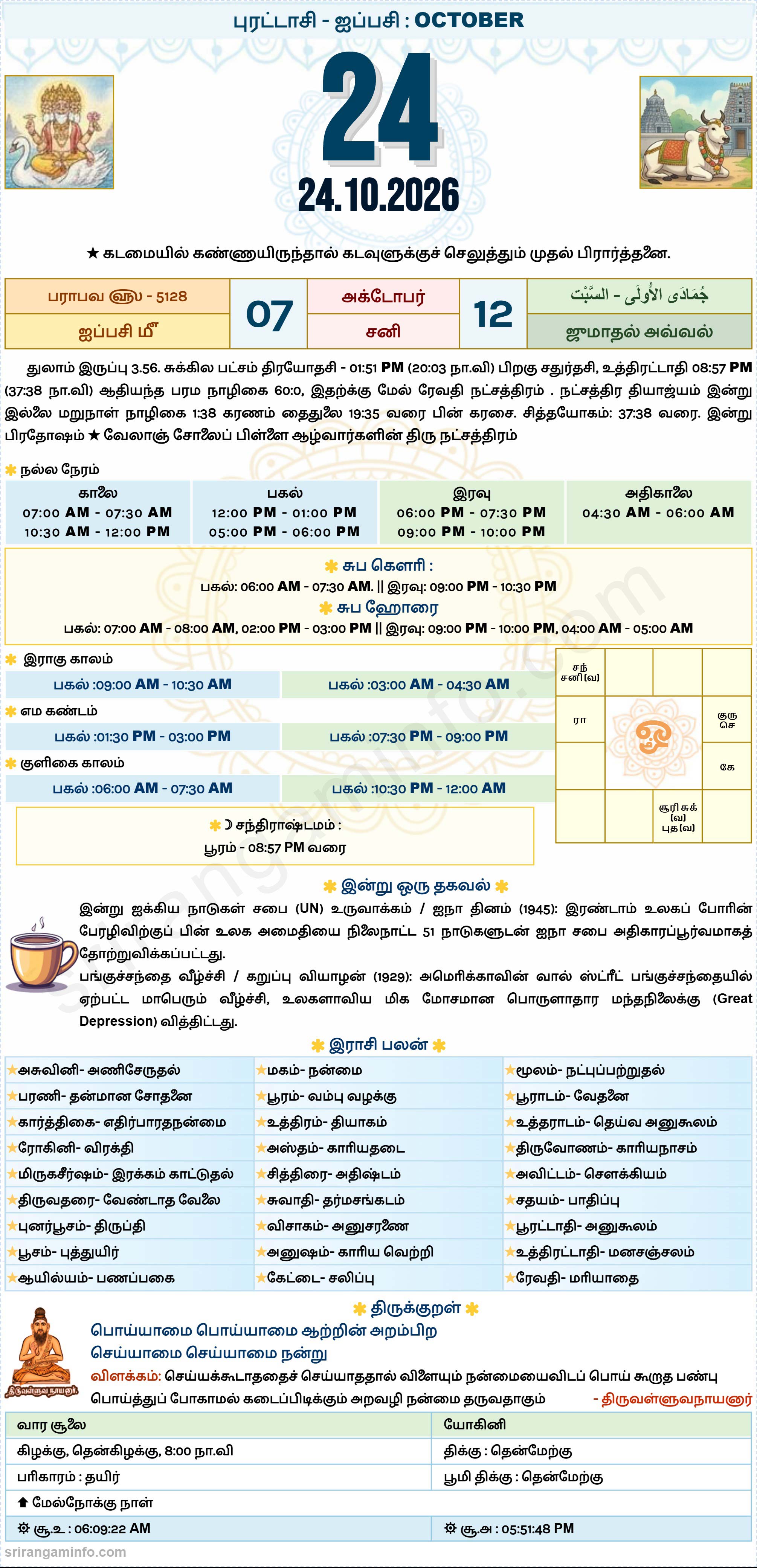 Tamil daily Calendar, Tamil Calendar