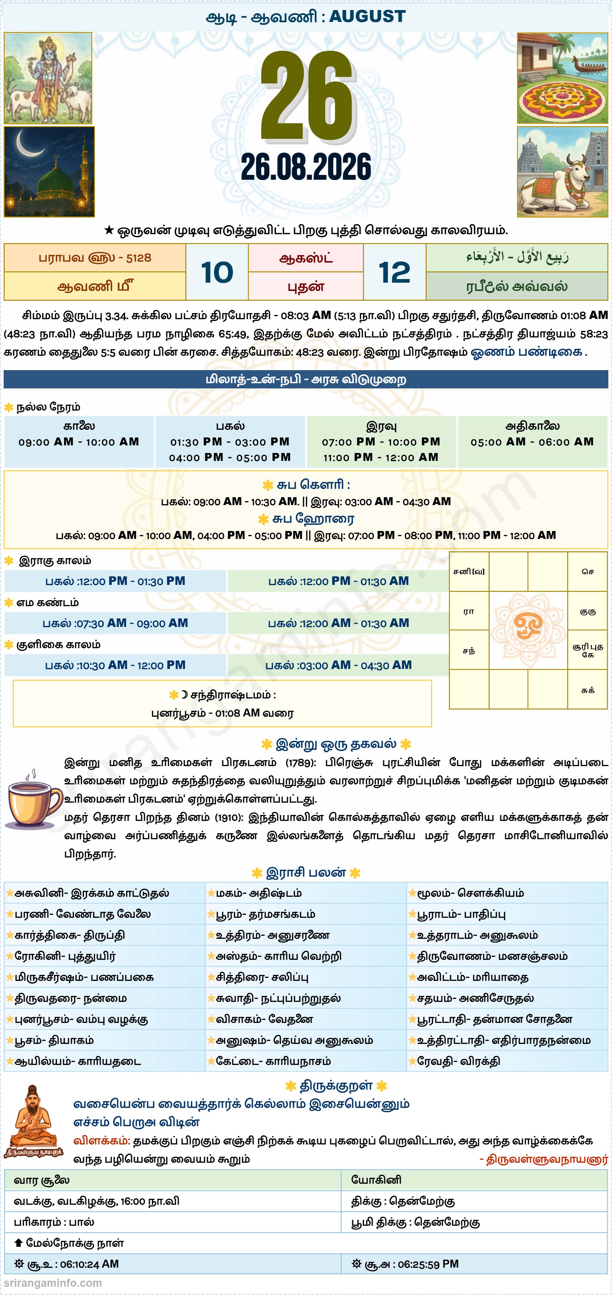 Tamil daily Calendar, Tamil Calendar