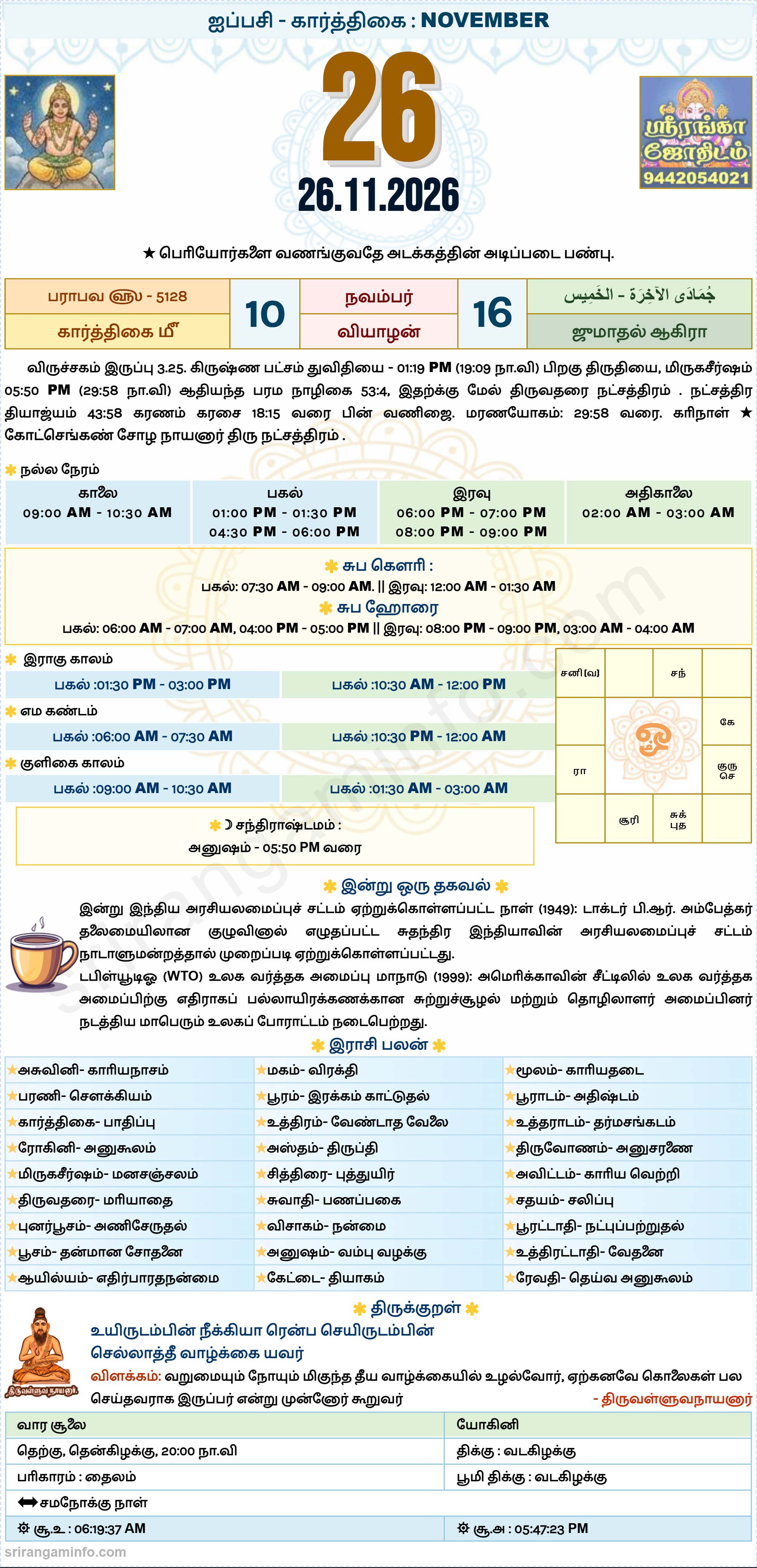 Tamil daily Calendar, Tamil Calendar