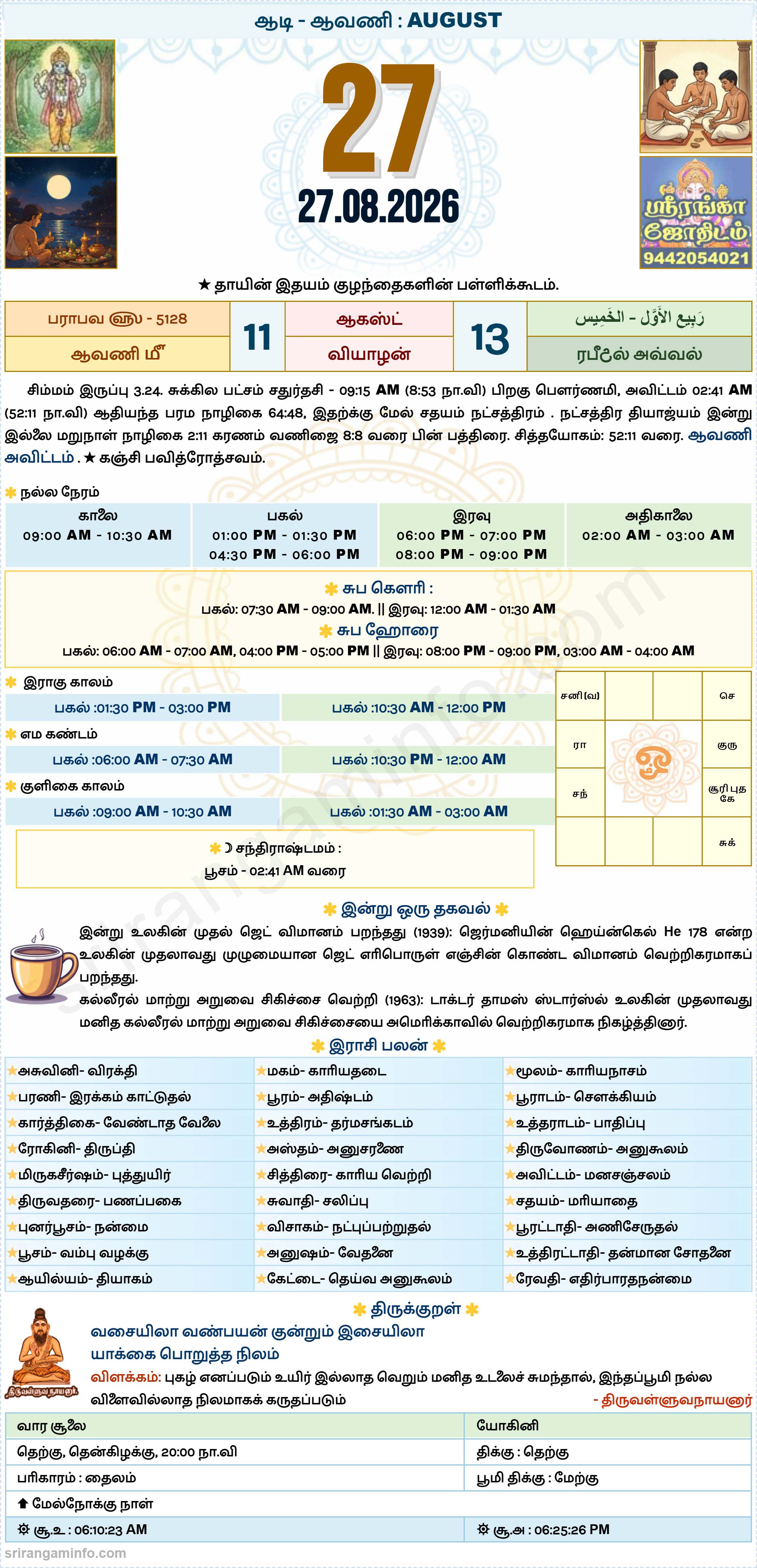 Tamil daily Calendar, Tamil Calendar