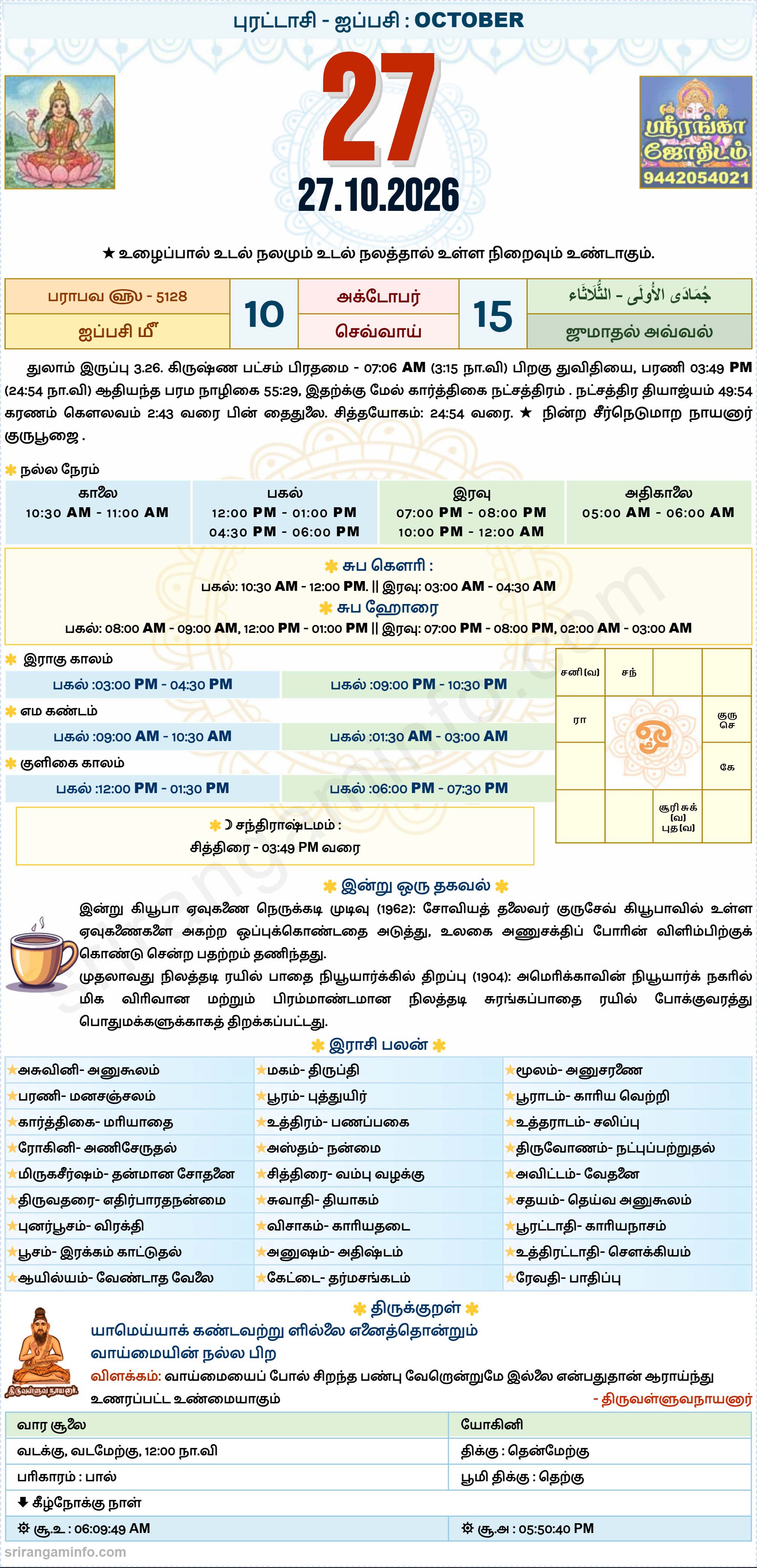Tamil daily Calendar, Tamil Calendar