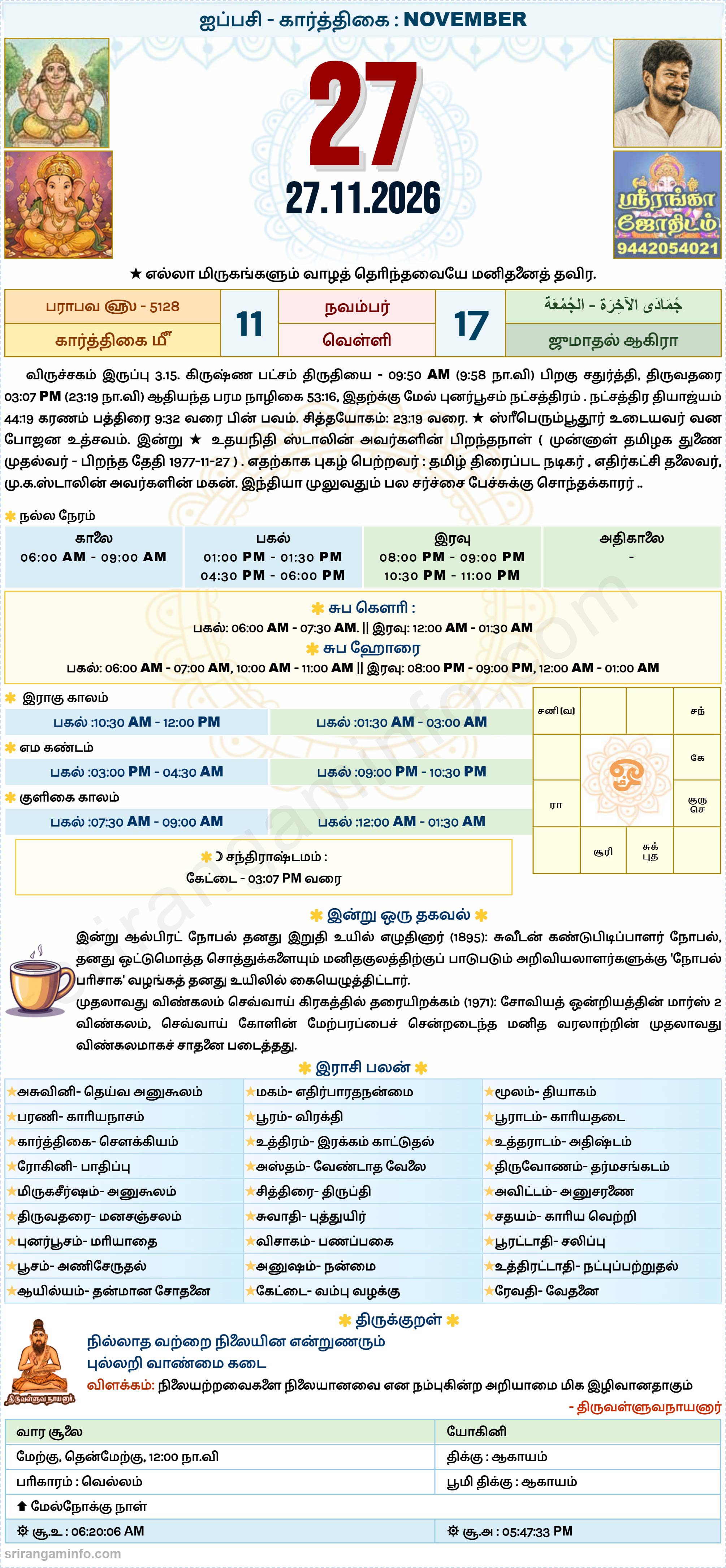 Tamil daily Calendar, Tamil Calendar