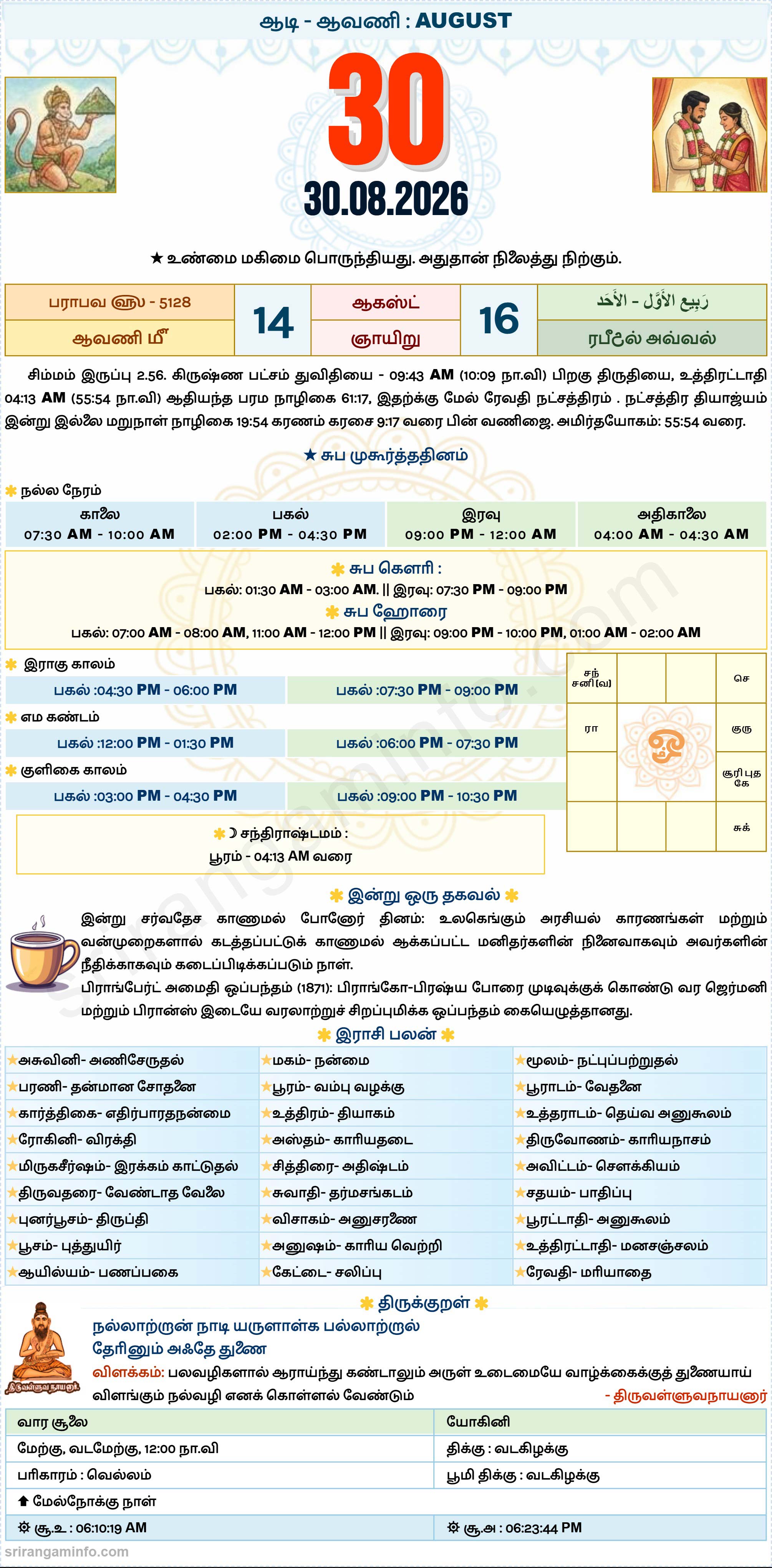 Tamil daily Calendar, Tamil Calendar