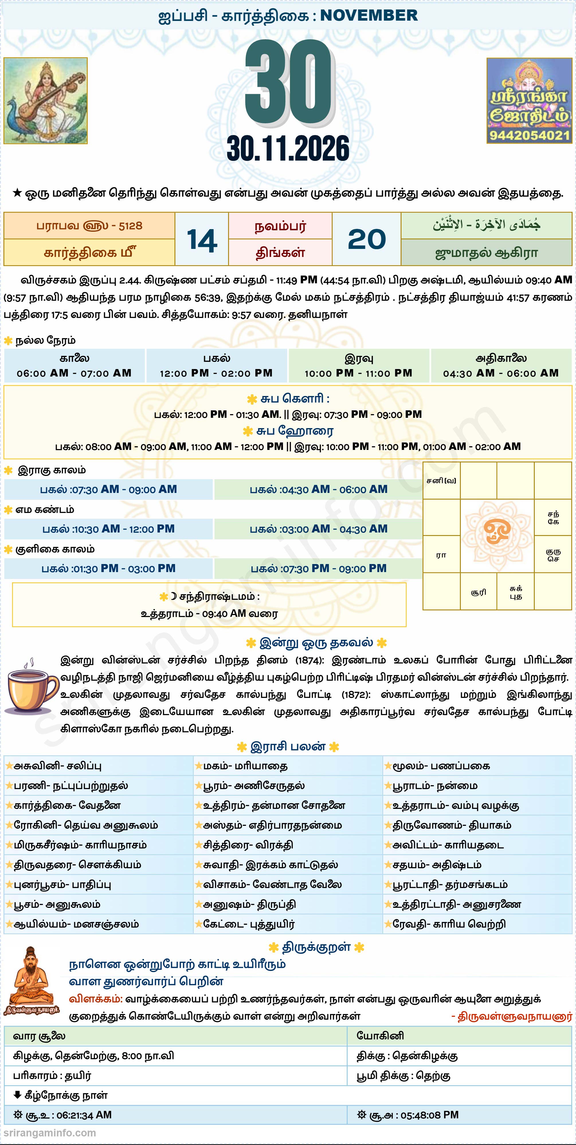 Tamil daily Calendar, Tamil Calendar