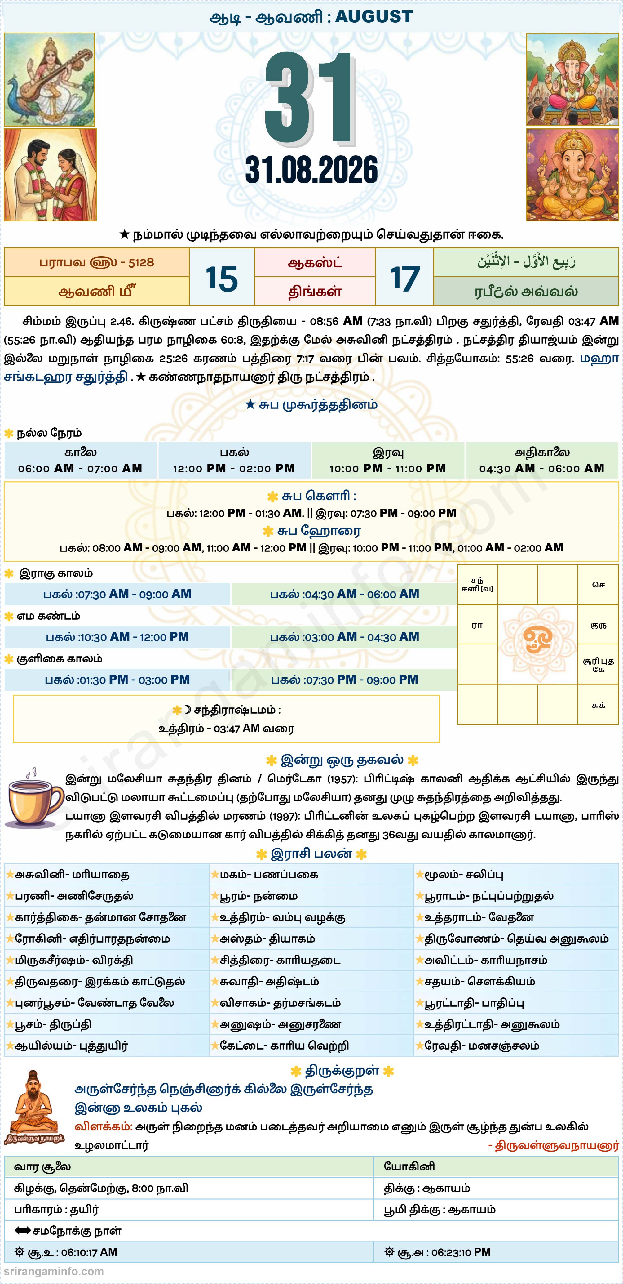 Tamil daily Calendar, Tamil Calendar