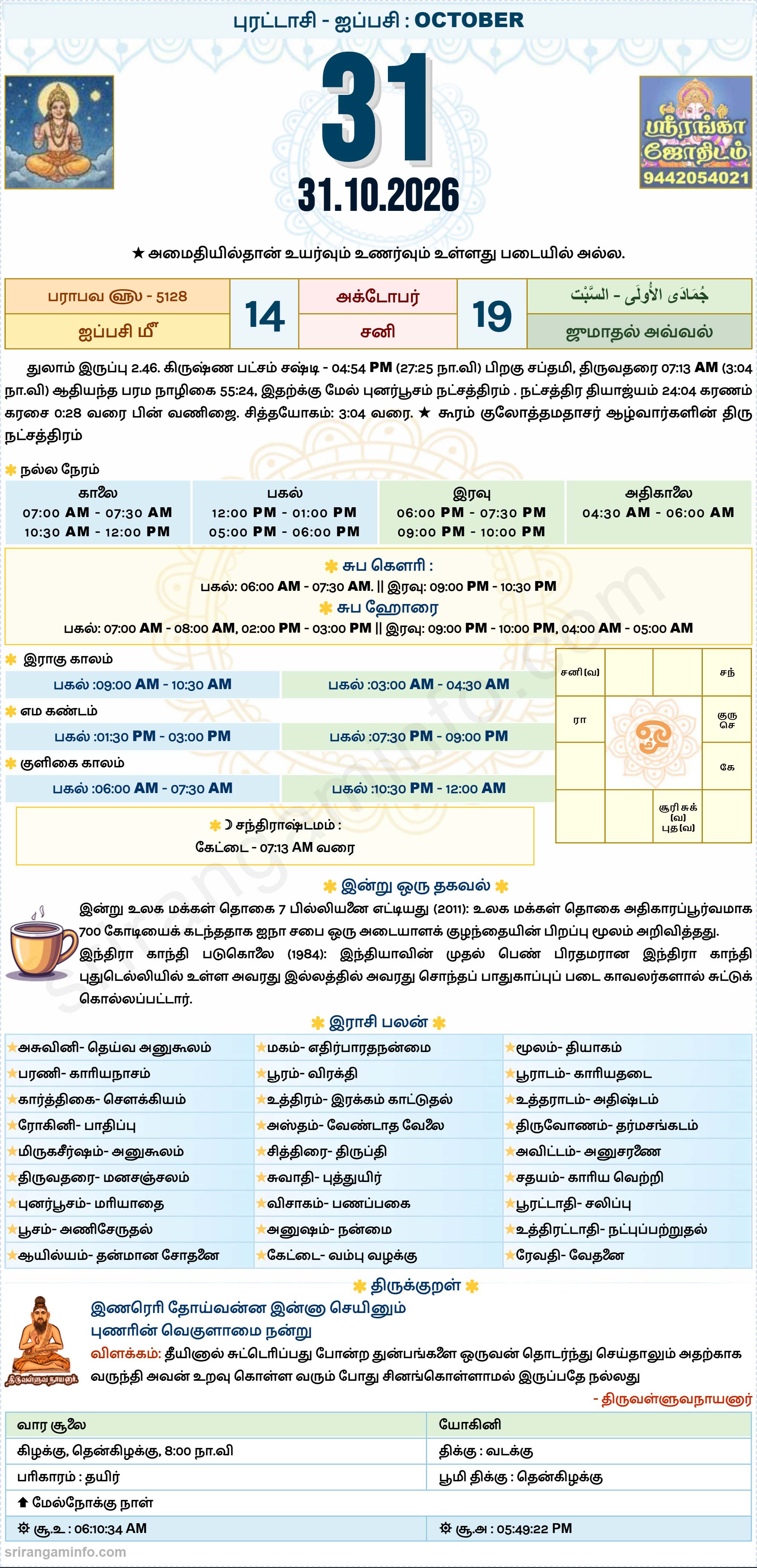 Tamil daily Calendar, Tamil Calendar