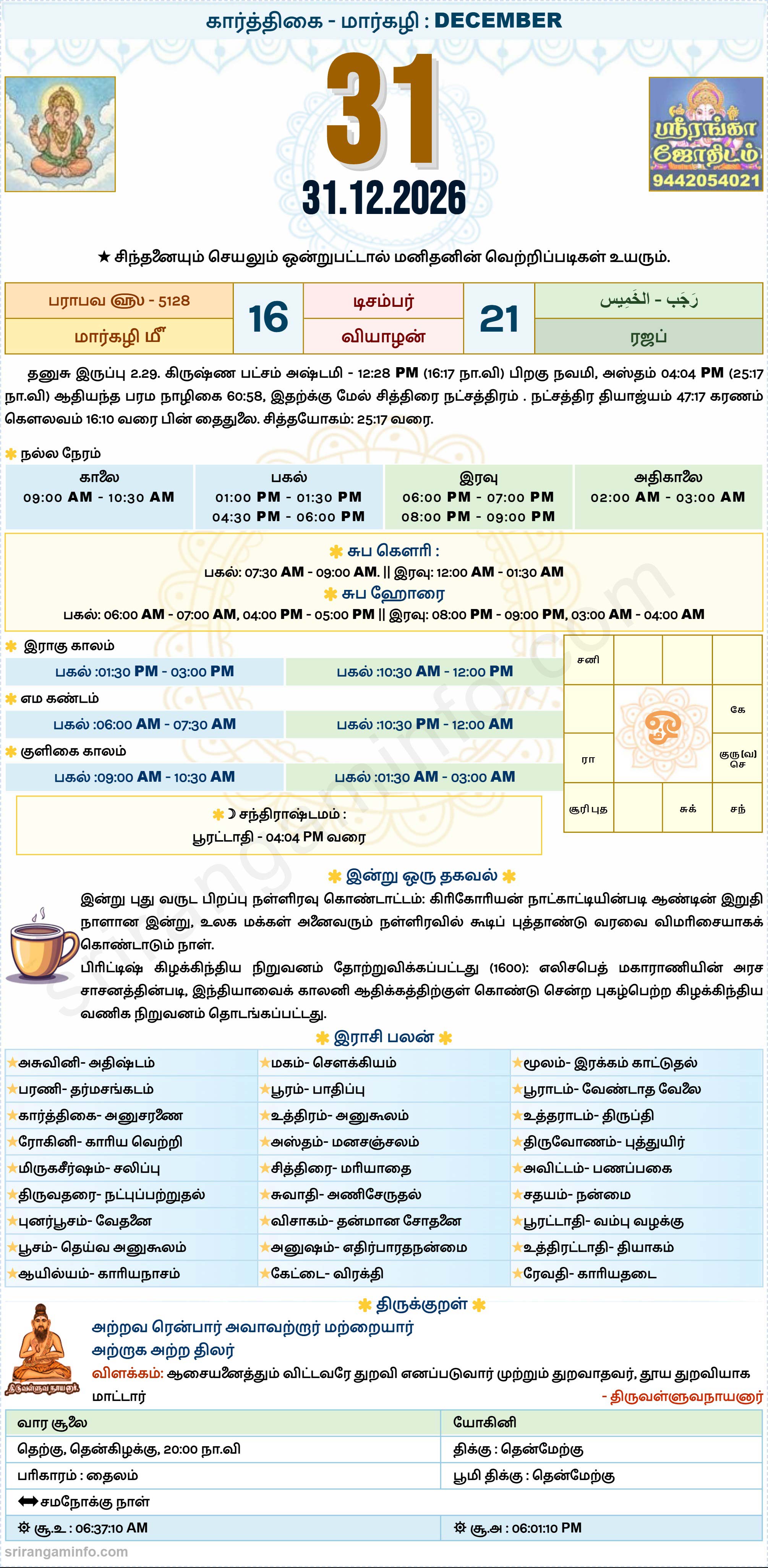 Tamil daily Calendar, Tamil Calendar