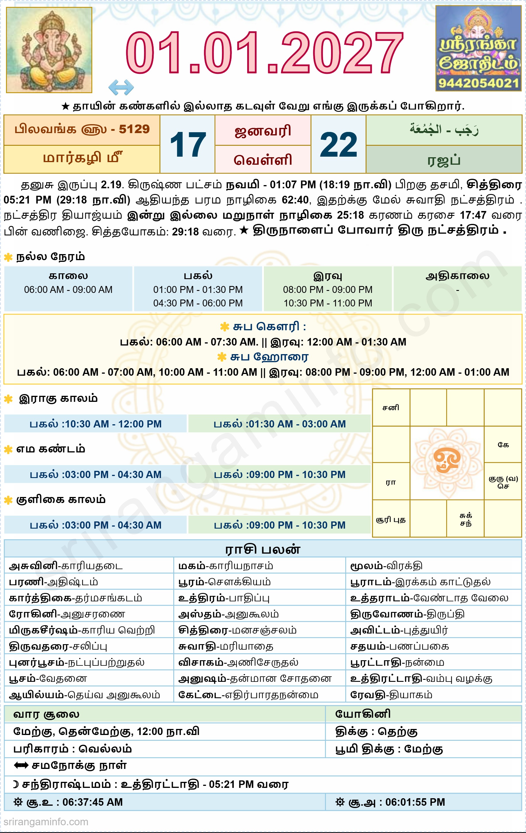 Tamil daily Calendar, Tamil Calendar
